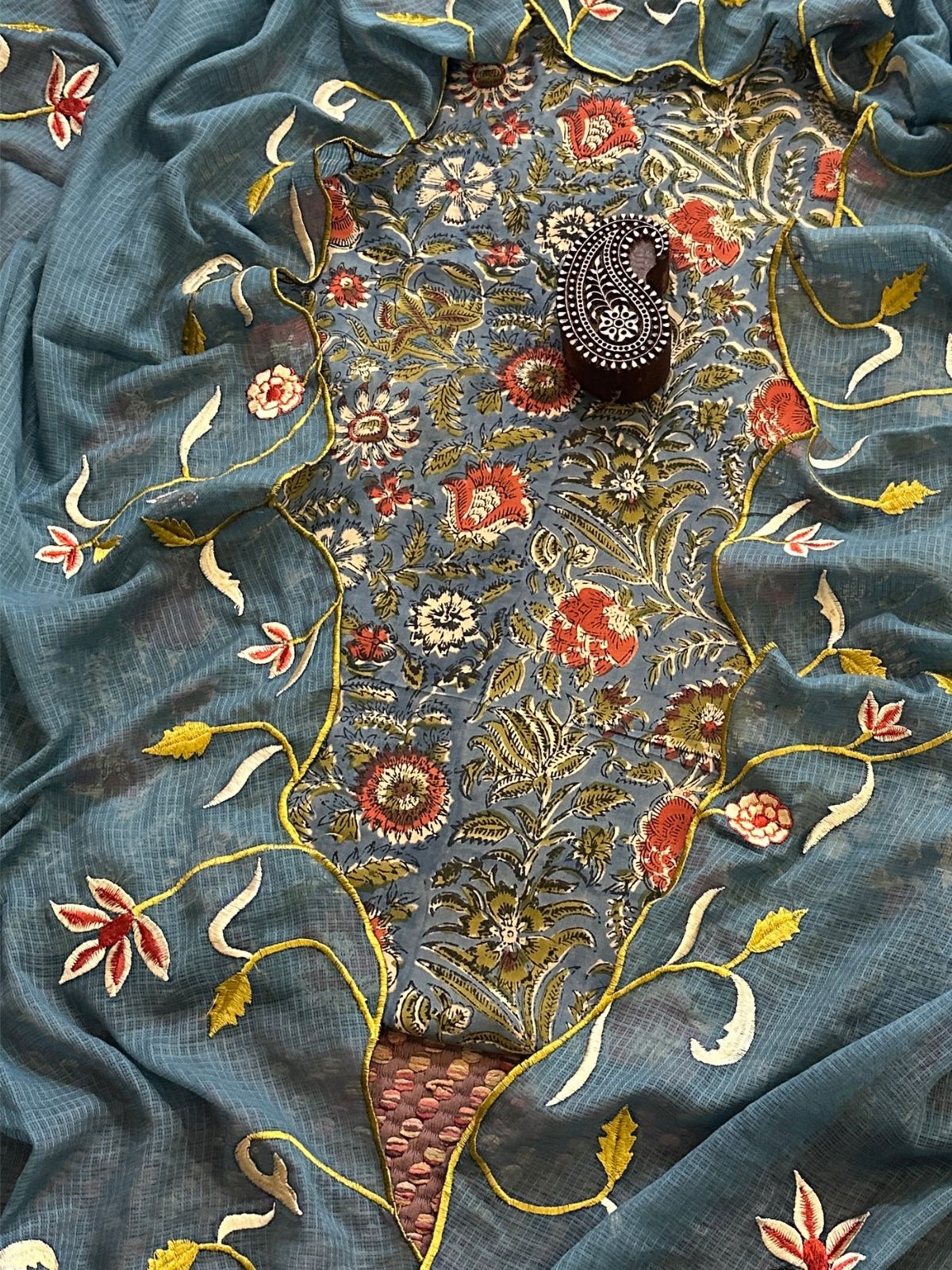 Pure Cotton Hand-blocked Fabric with Embroidered Dupatta