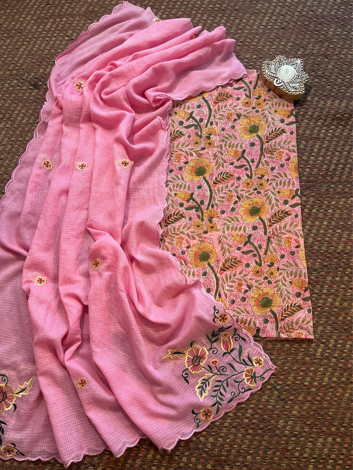 Pure Cotton Malmal Handblock Fabric with Embroidered Dupatta.