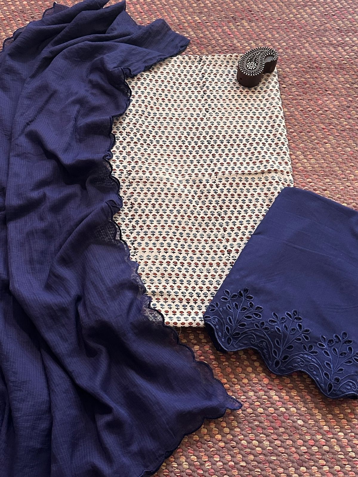 Pure Cotton Malmal  Ajrakh Fabric with Exclusive Cutwork Bottom & Kota Doria Dupatta