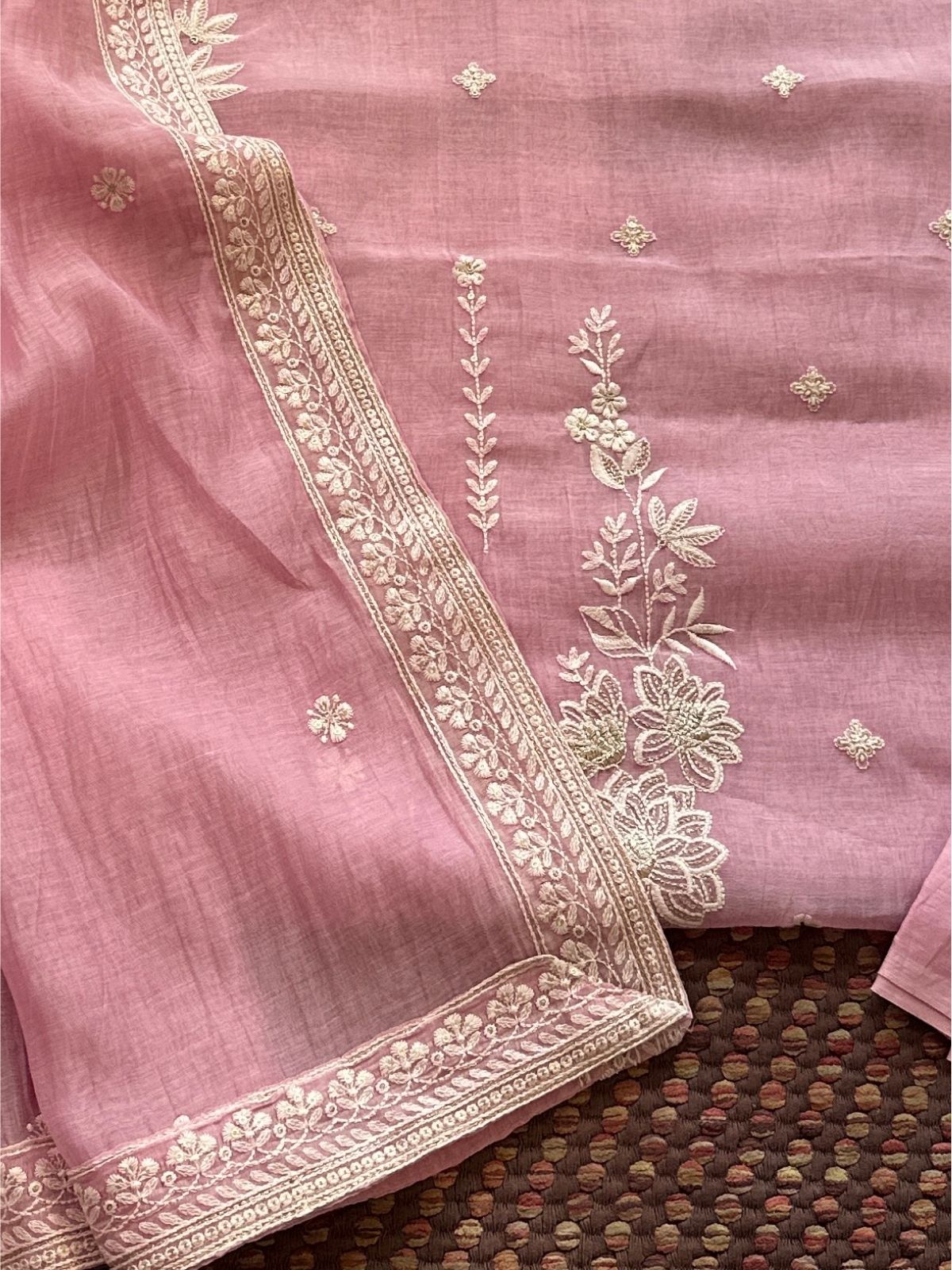Malmal Maheshwari Silk Embroidered Unstitched Set