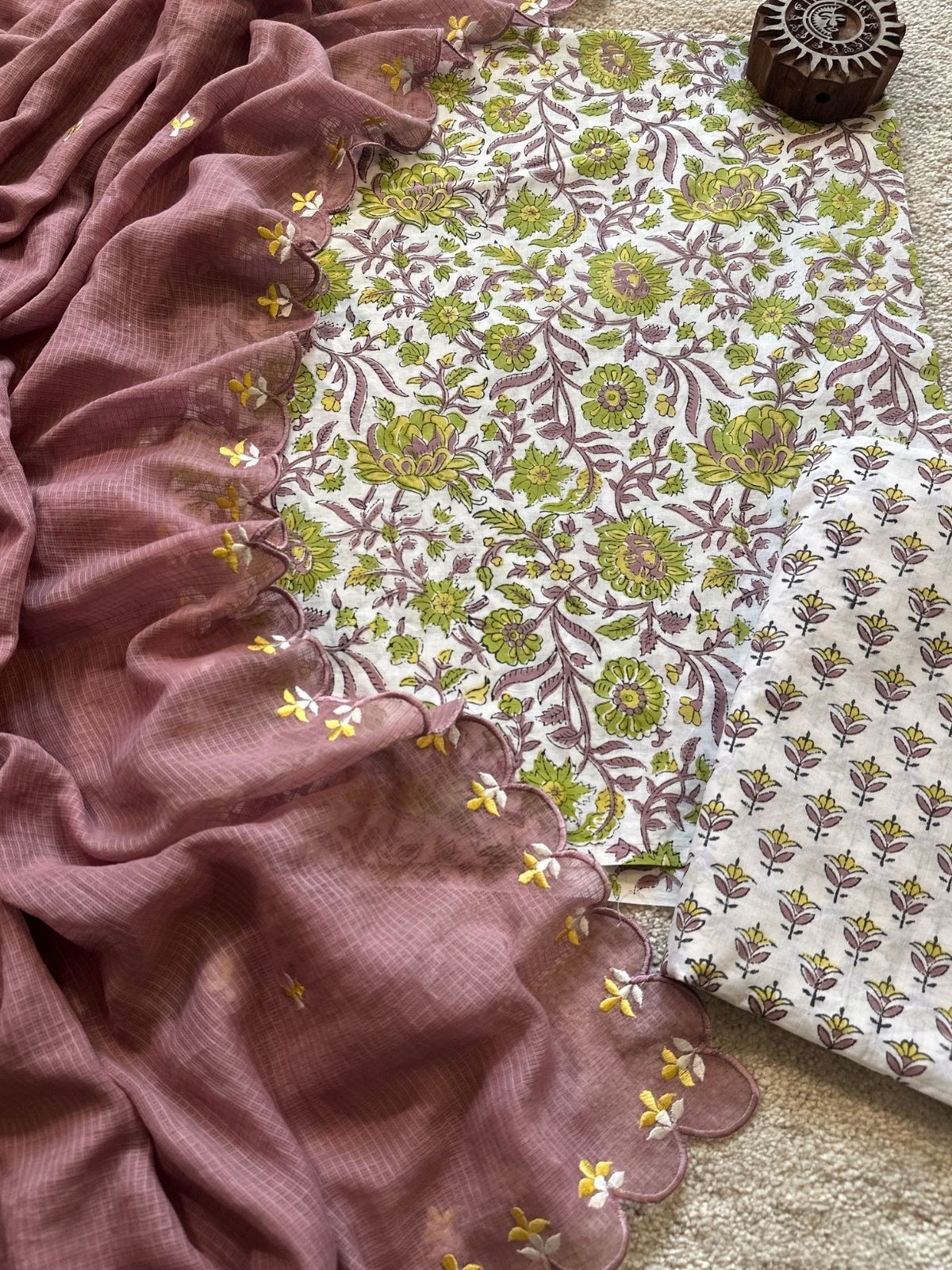 Mallow Bloom Set - Sanganeri Print with Embroidered Dupatta