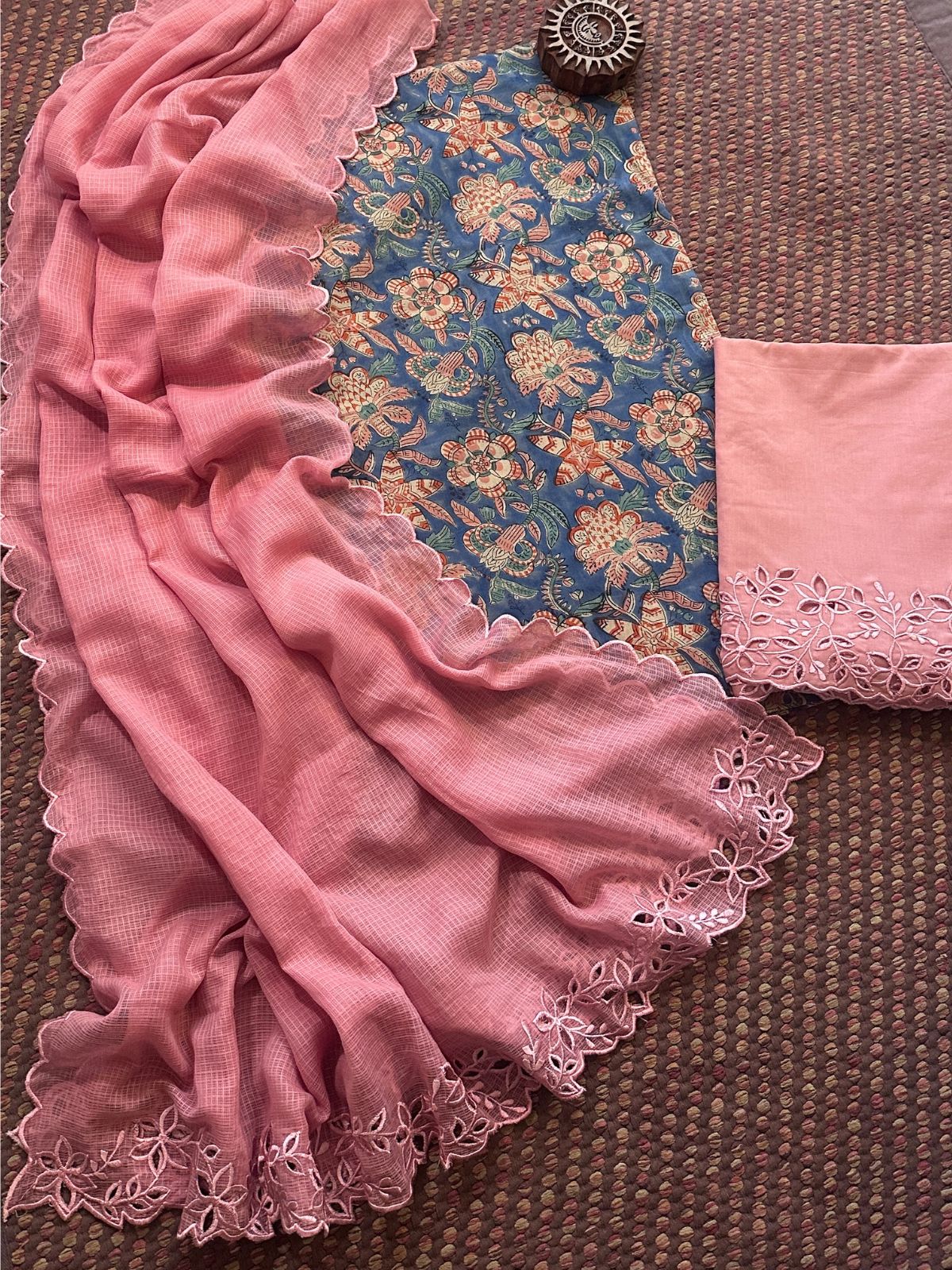 Pure Cotton Malmal Hand-blocked Fabric with Cutwork Bottom & Kota Doria Dupatta