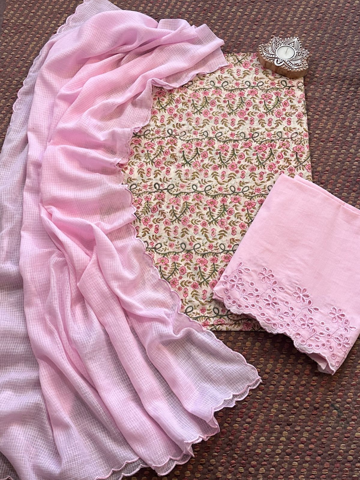 Pure Cotton Malmal Hand-blocked Fabric with Cutwork Bottom & Kota Doria Dupatta