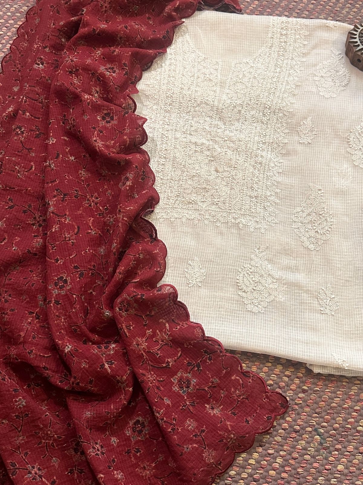 Chikankari Hand Embroidered Fabric with Ajrak Hadblocked Kota Dupatta