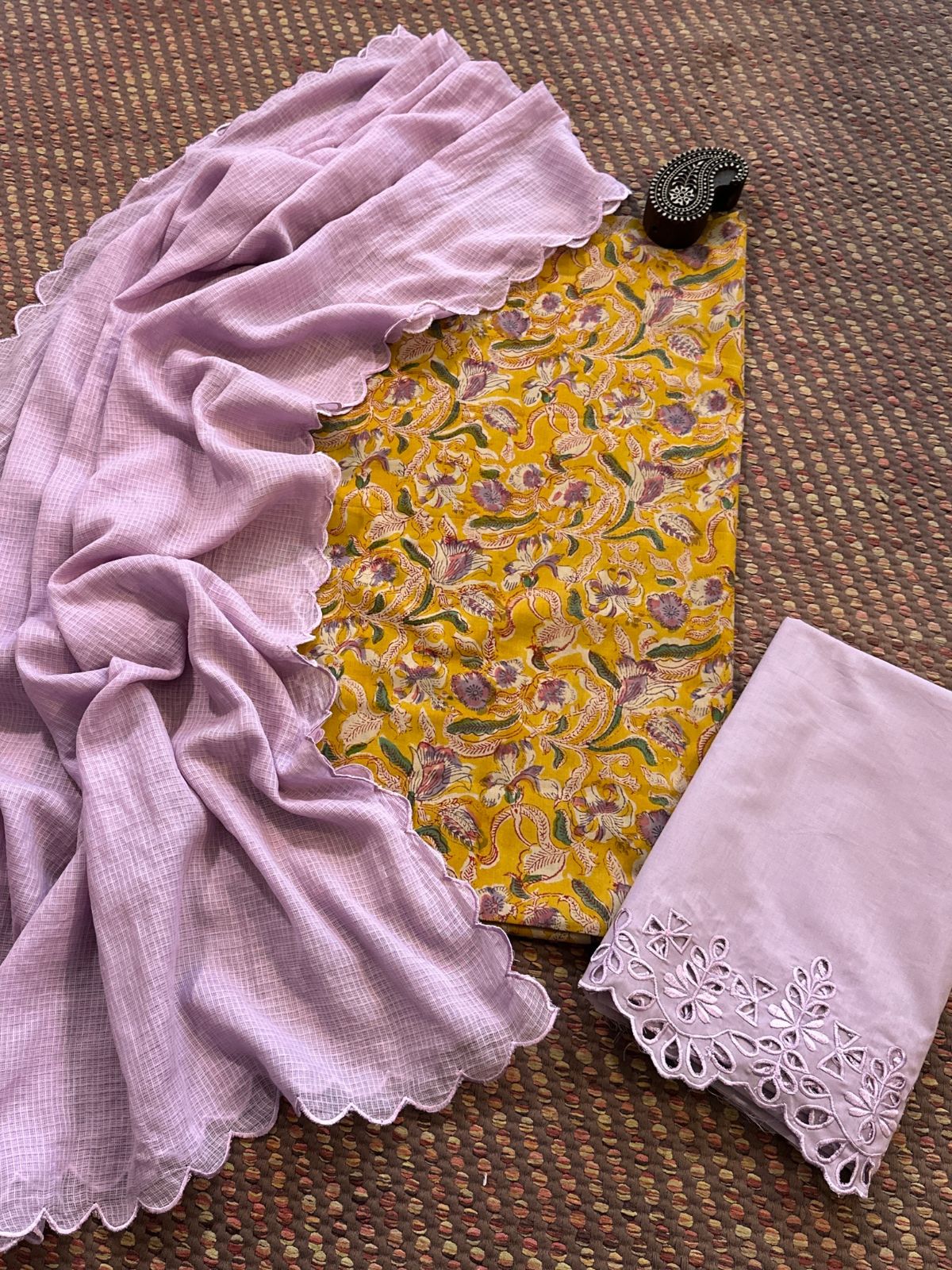 Pure Cotton Malmal Hand-blocked Fabric with Cutwork Bottom & Kota Doria Dupatta