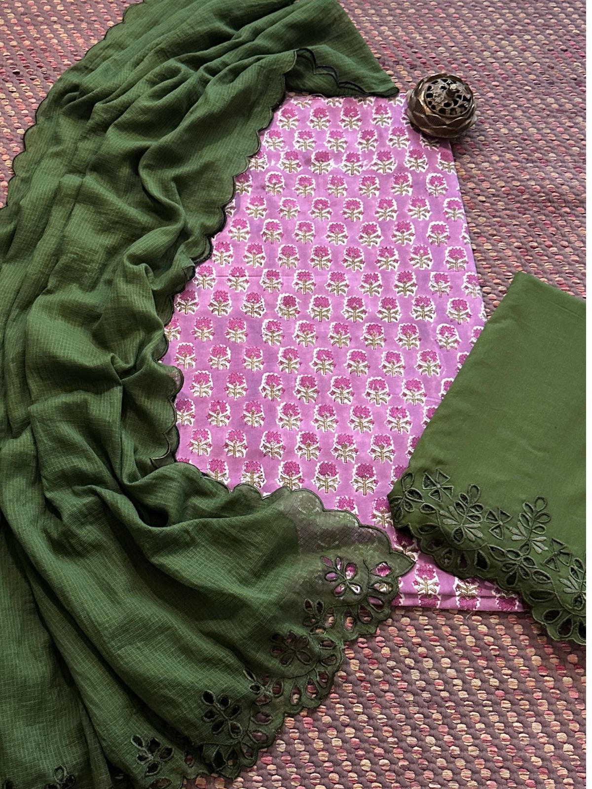 Pure Cotton Hand-blocked Fabric with Cutwork Bottom & Kota Doria Dupatta