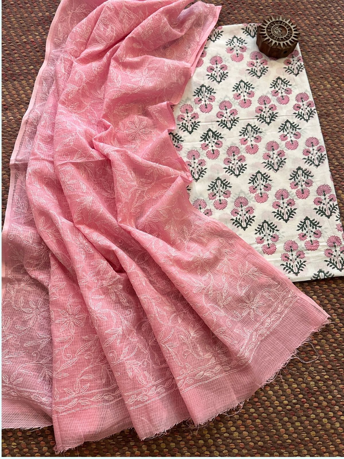 Pure Cotton Hand Blocked Fabric with Chikankari Dupatta