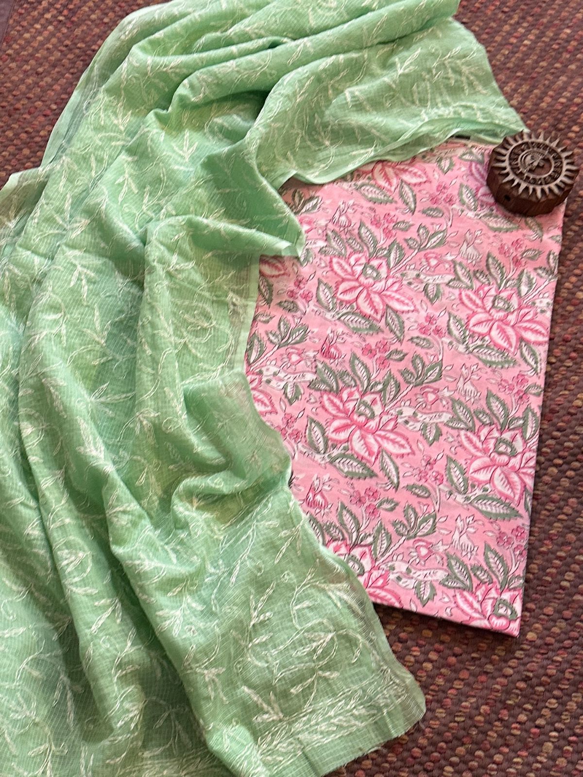 Pure Cotton Hand Blocked Fabric with Chikankari Dupatta