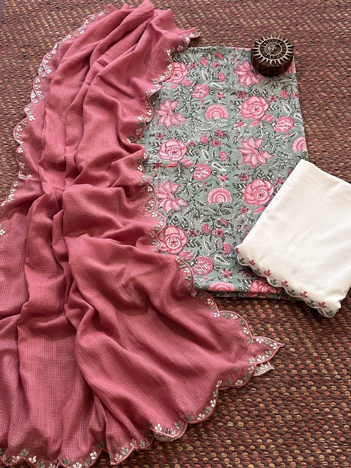 Pure Cotton Hand blocked Set with Embroidered Dupatta