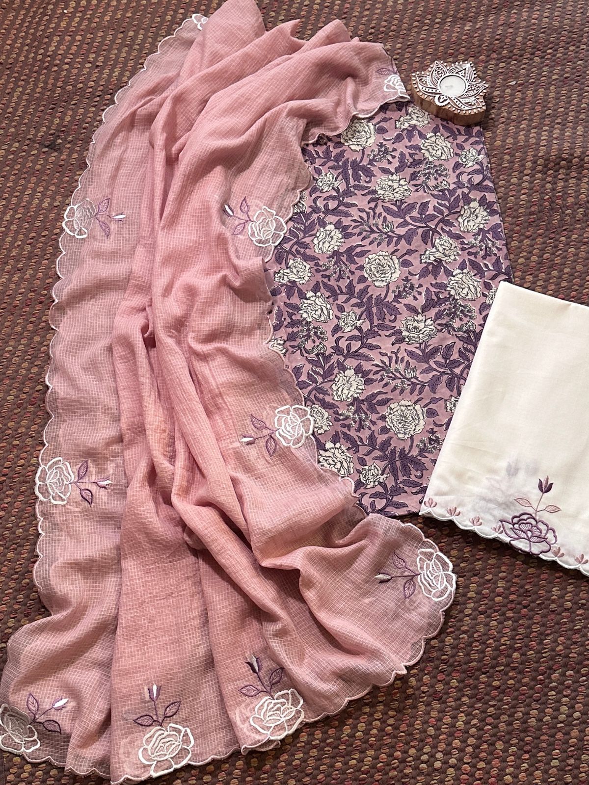 Pure Cotton Hand-block Fabric with Embroidered Bottom & Kota Doria Dupatta