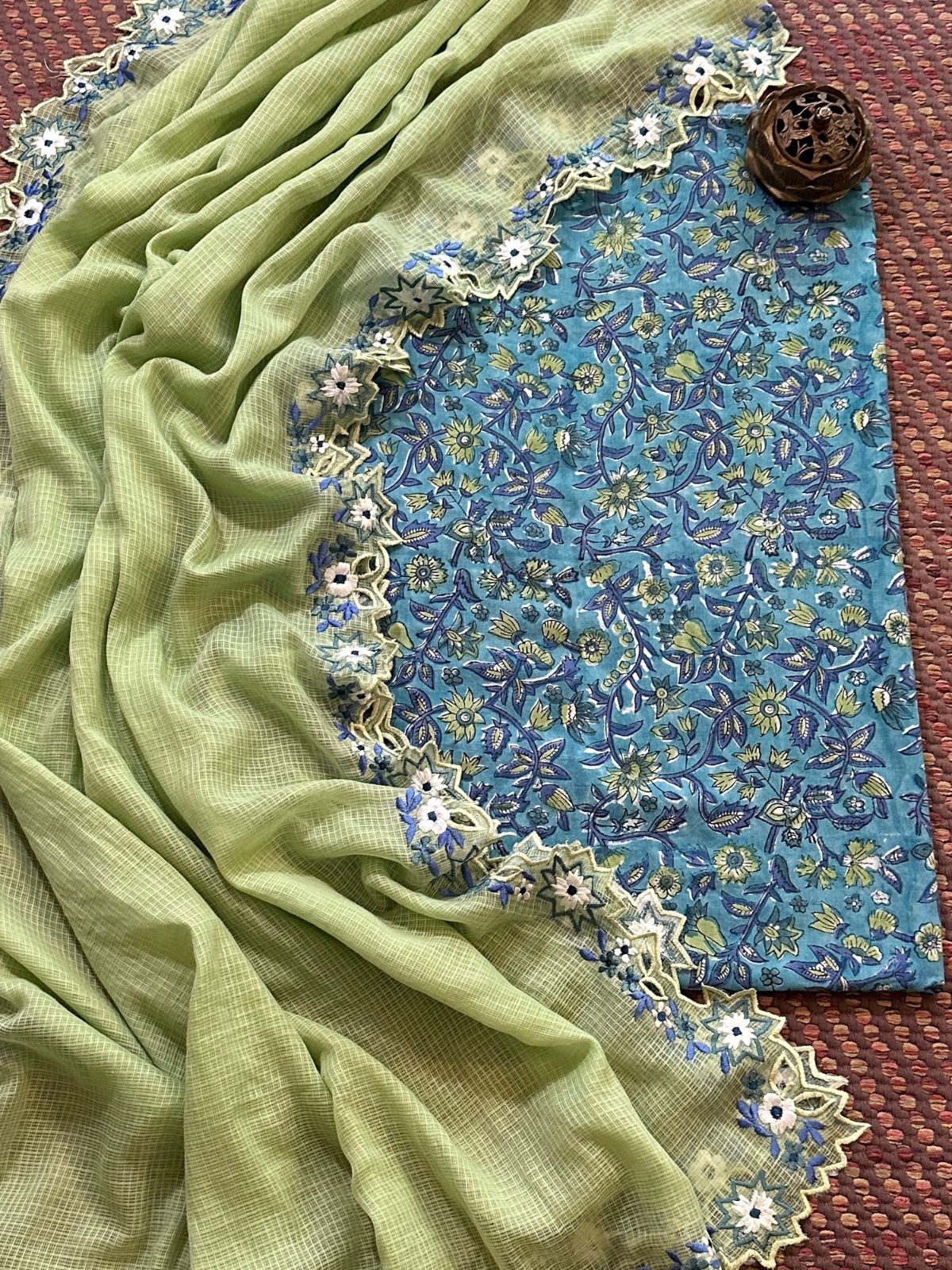 Pure Cotton Handblock Fabric with Exclusive Cutwork Embroidered Dupatta