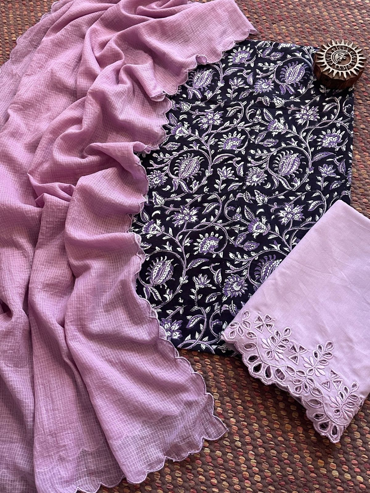 Pure Cotton Hand-blocked Fabric with Cutwork Bottom & Kota Doria Dupatta