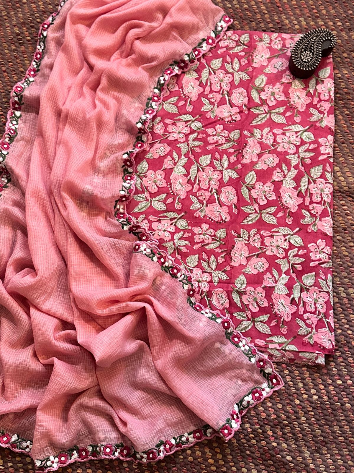 Pure Cotton Hand-blocked fabric set with Embroidered Dupatta