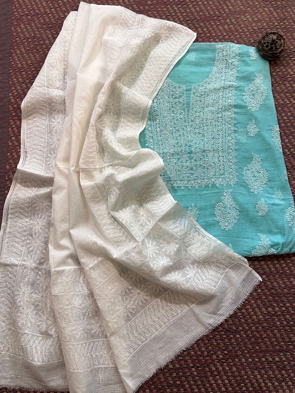 Chikankari Hand Embroidered Fabric with Kota Embroidered Dupatta