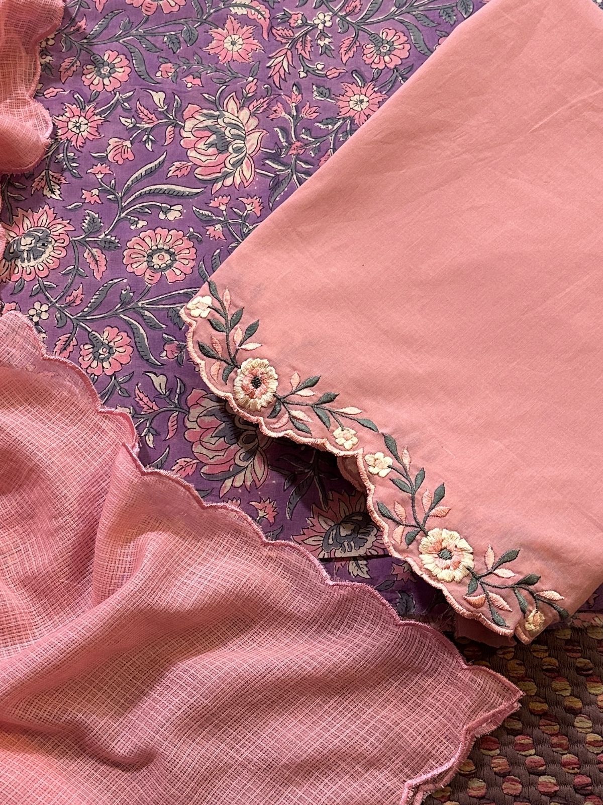 Pure Cotton Malmal Handblocked Unstitched Set