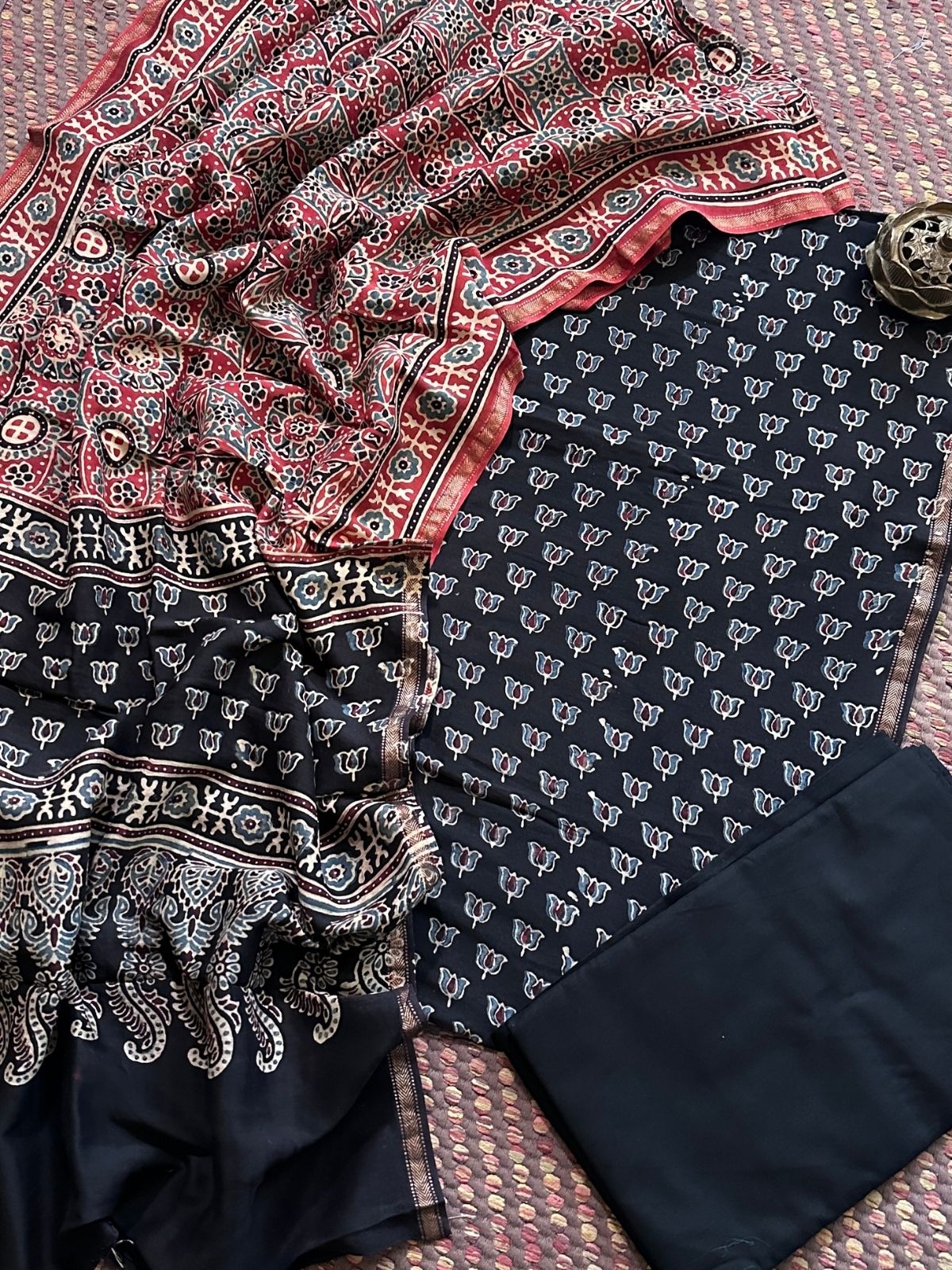 Hand-blocked Ajrak Maheswari Silk Unstitched Set