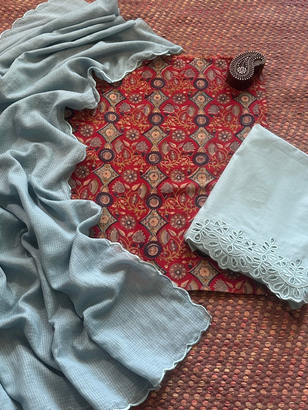 Pure Cotton Malmal Hand-blocked Fabric with Cutwork Bottom & Kota Doria Dupatta