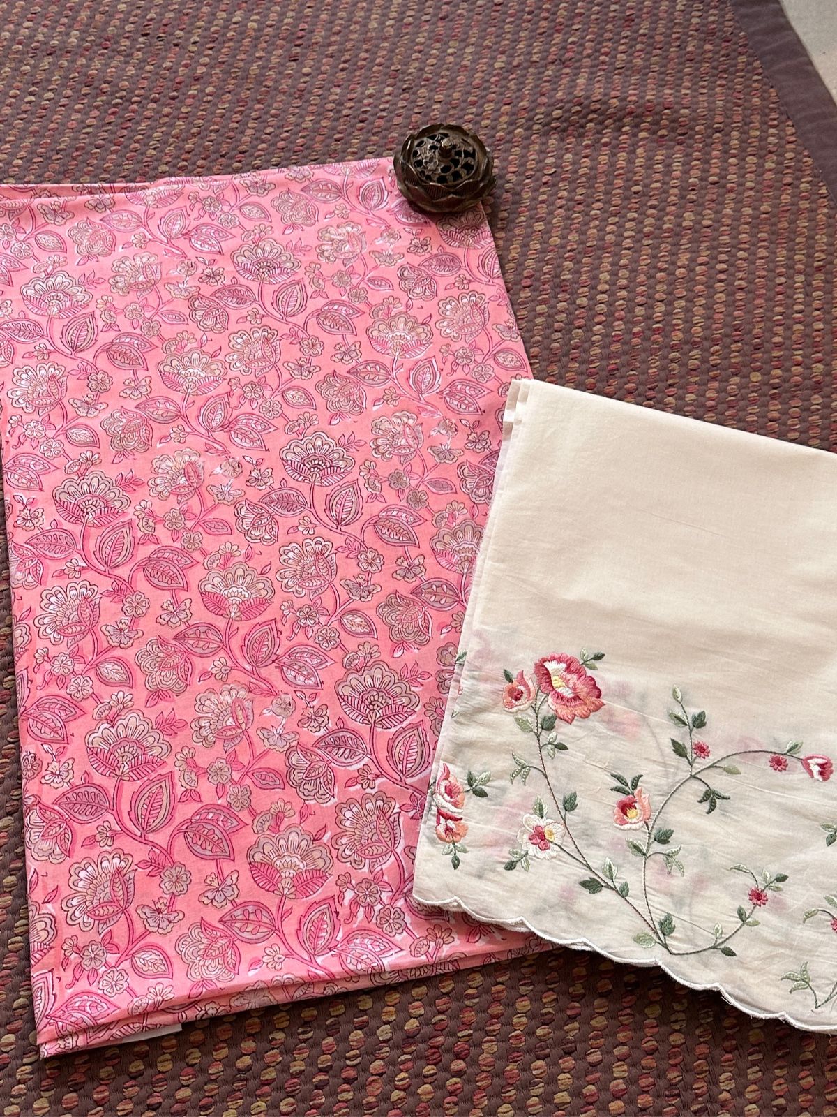 Pure Cotton Hand-blocked Fabric with Embroidered Bottom