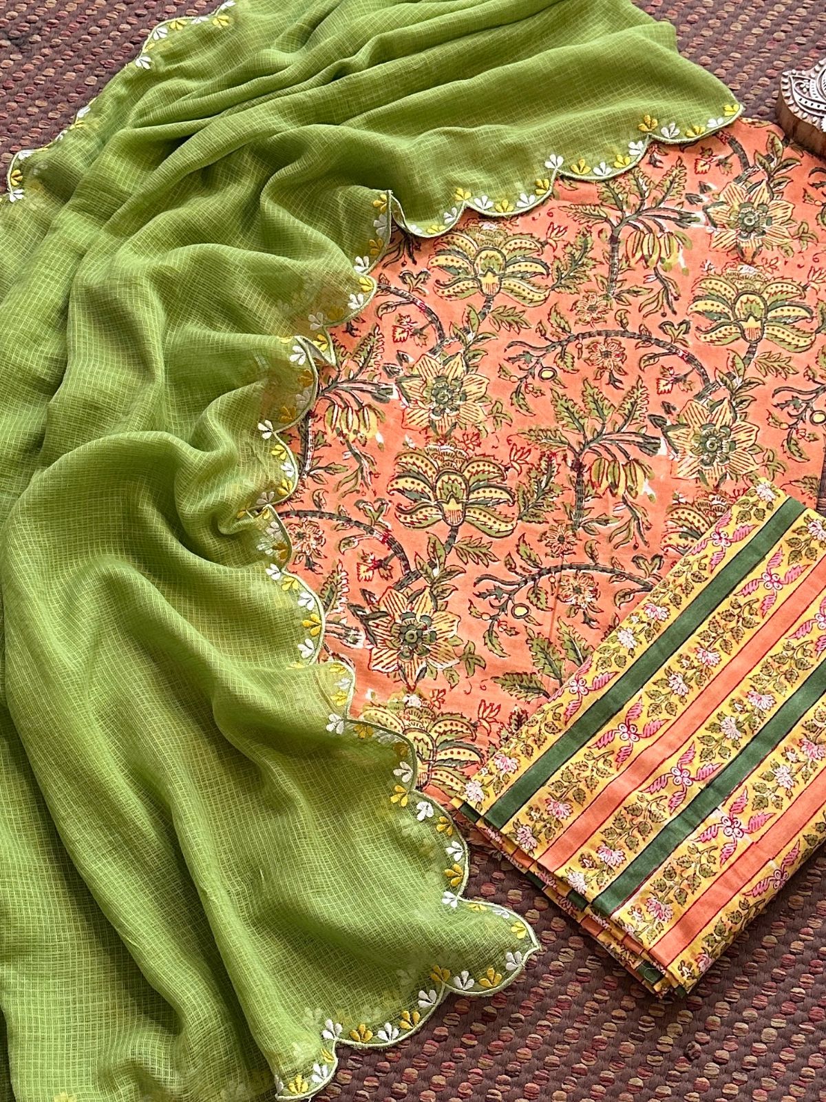 Premium Pure Cotton Malmal Hand blocked Set with Embroidered Dupatta