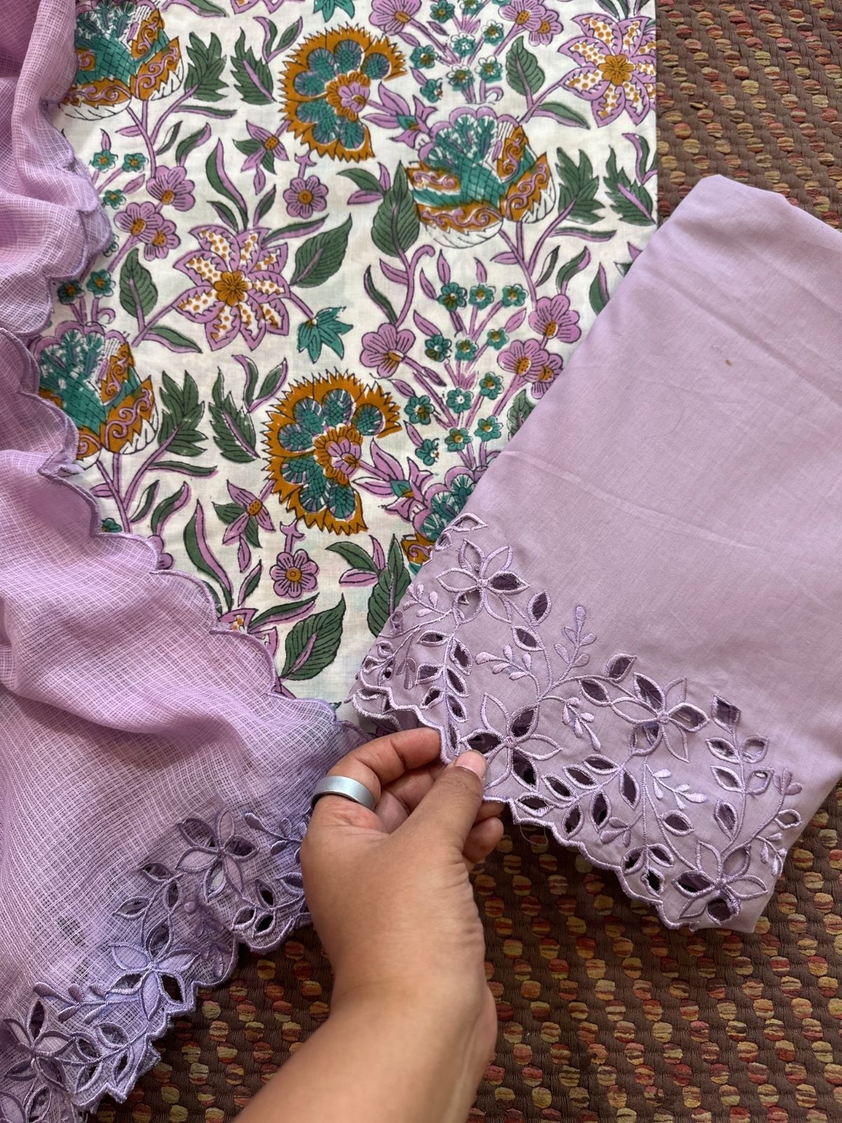 Pure Cotton Malmal Hand-blocked Fabric with Cutwork Bottom & Kota Doria Dupatta