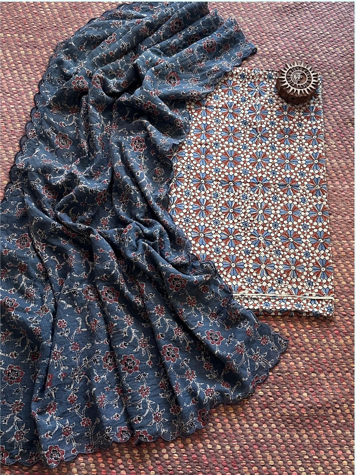 Ajrakh Cotton Malmal Handblocked Set- Top & Dupatta