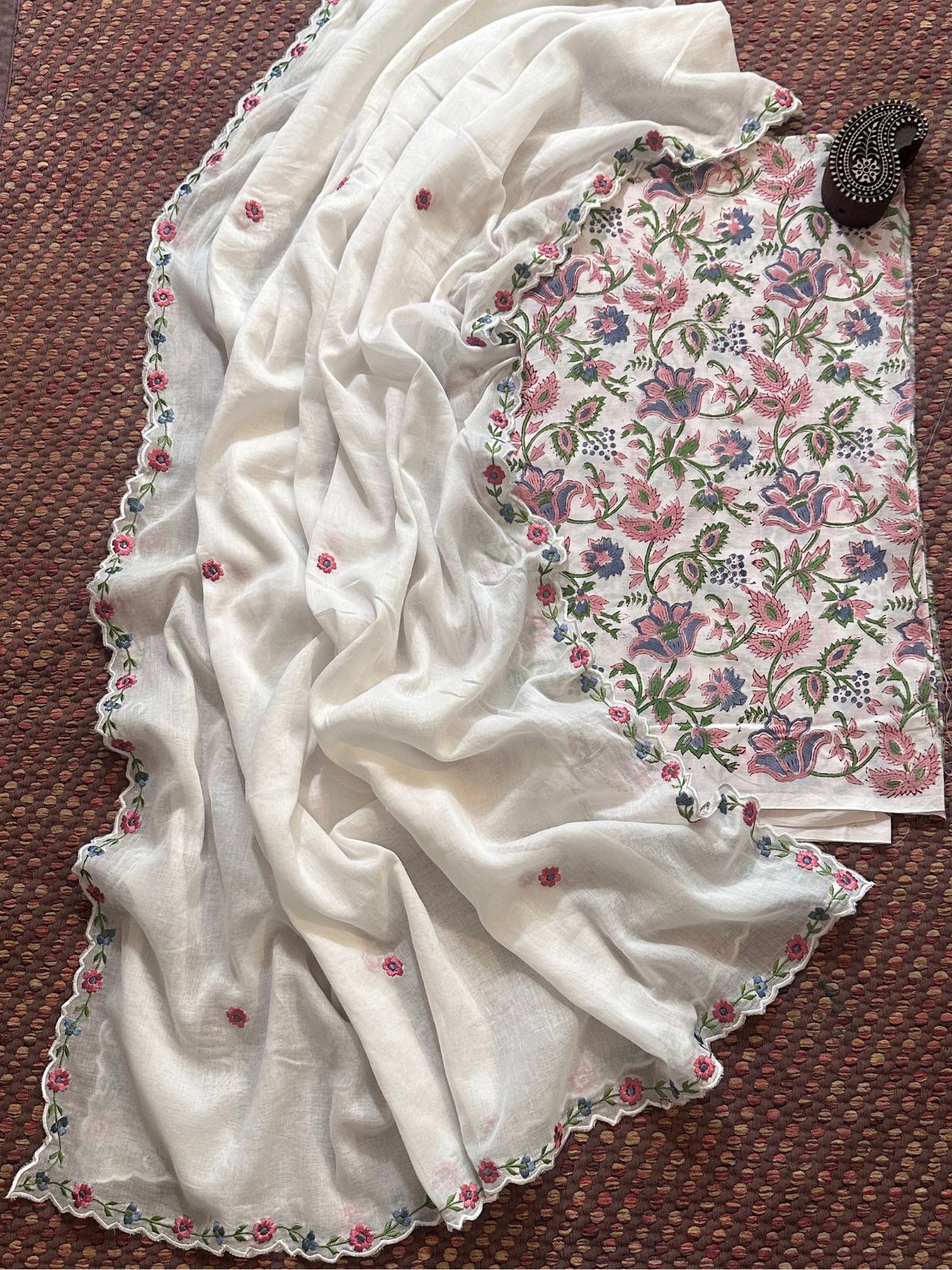 Pure Cotton Handblocked Fabric with Malmal Embroidered Dupatta.