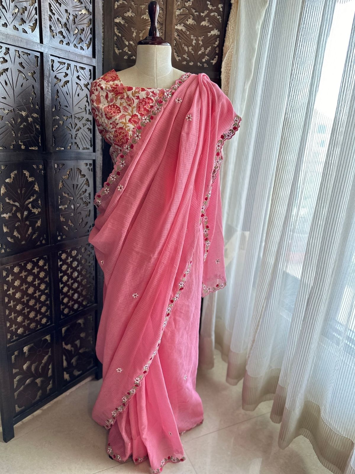 Kota Doria Embroidered Saree with Hand Block Blouse fabric