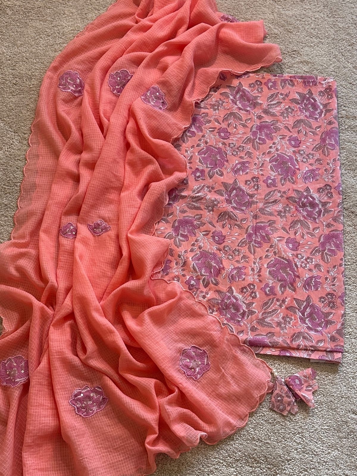 Peach Peony Set- Handblocked Fabric with Applique work Dupatta