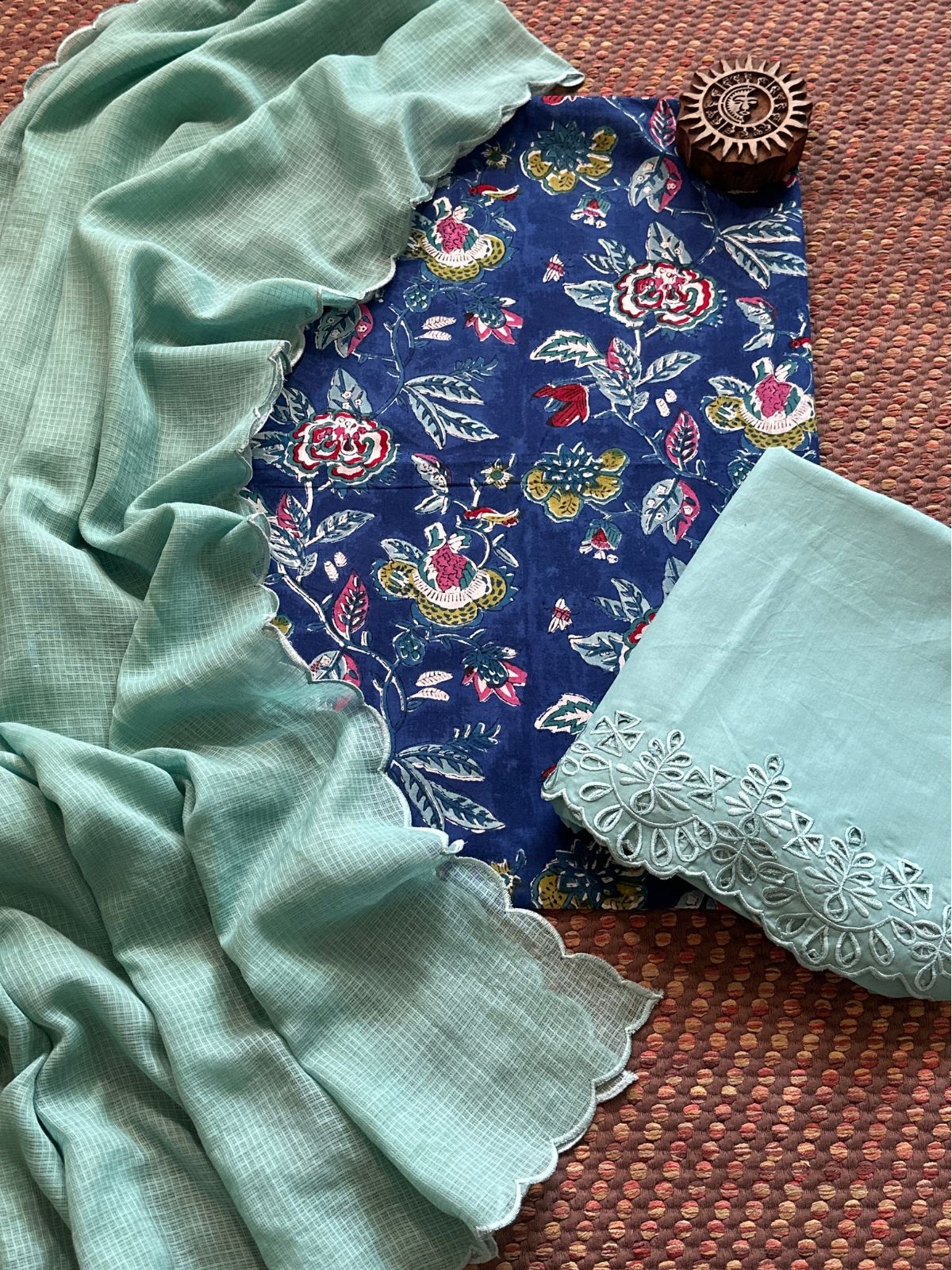 Pure Taj Cotton Hand-blocked Fabric with Cutwork Bottom & Kota Doria Dupatta