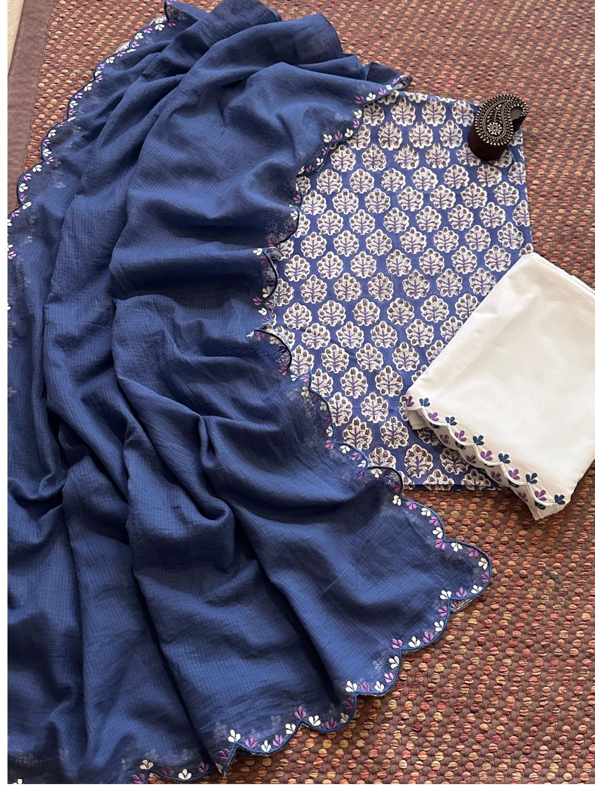 Pure Cotton Hand-block Fabric with Exclusive Embroidered Bottom & Kota Doria Dupatta
