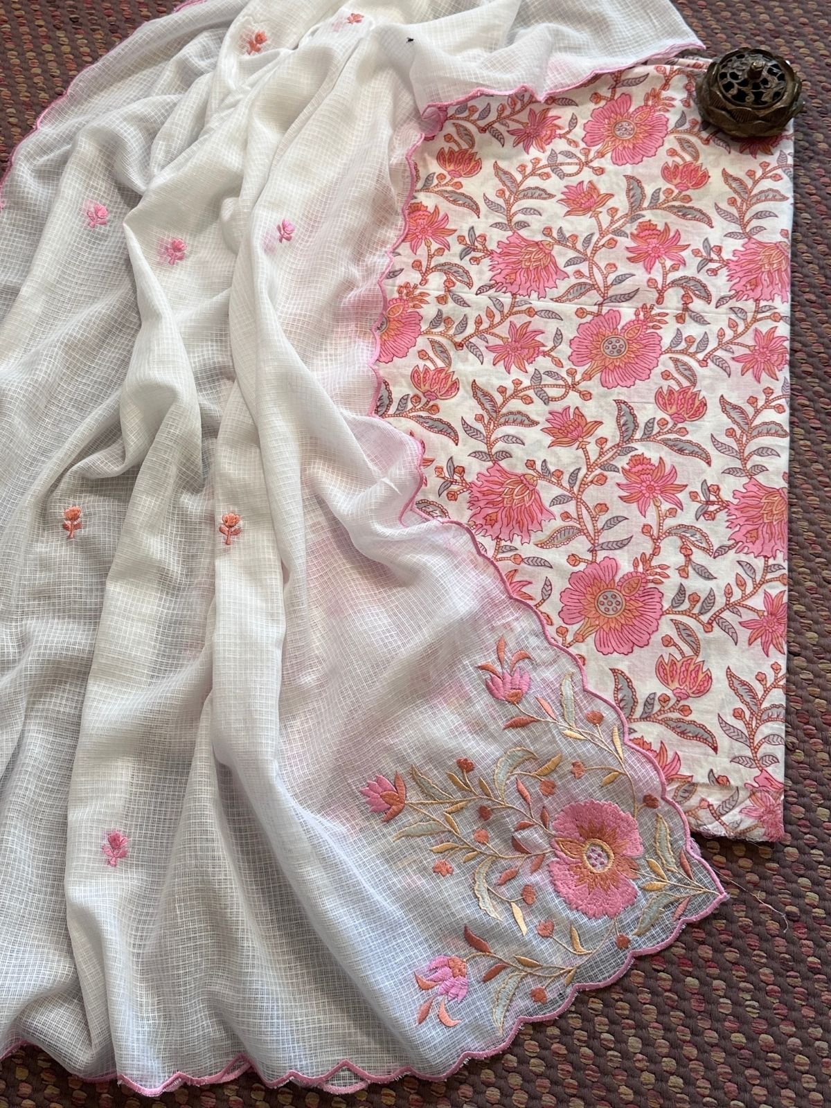 Pure Cotton Hand-blocked Fabric with Embroidered Dupatta