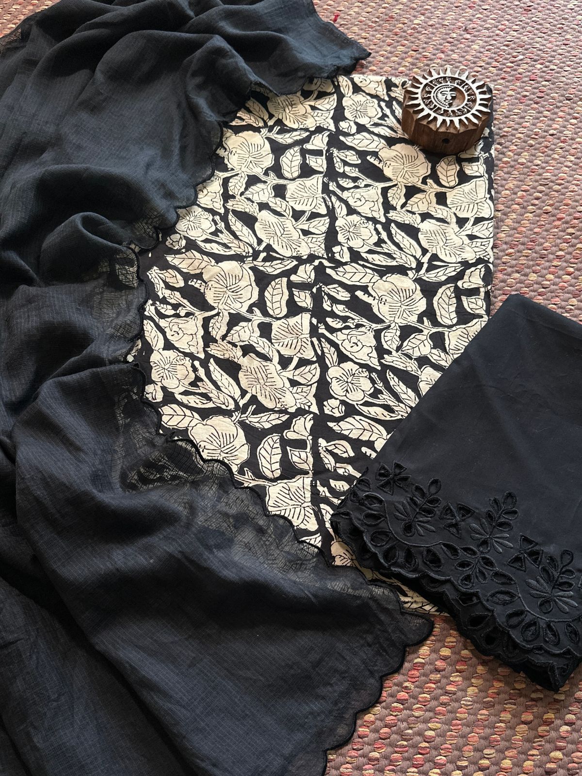 Pure Cotton Hand-blocked Fabric with Cutwork Bottom & Kota Doria Dupatta