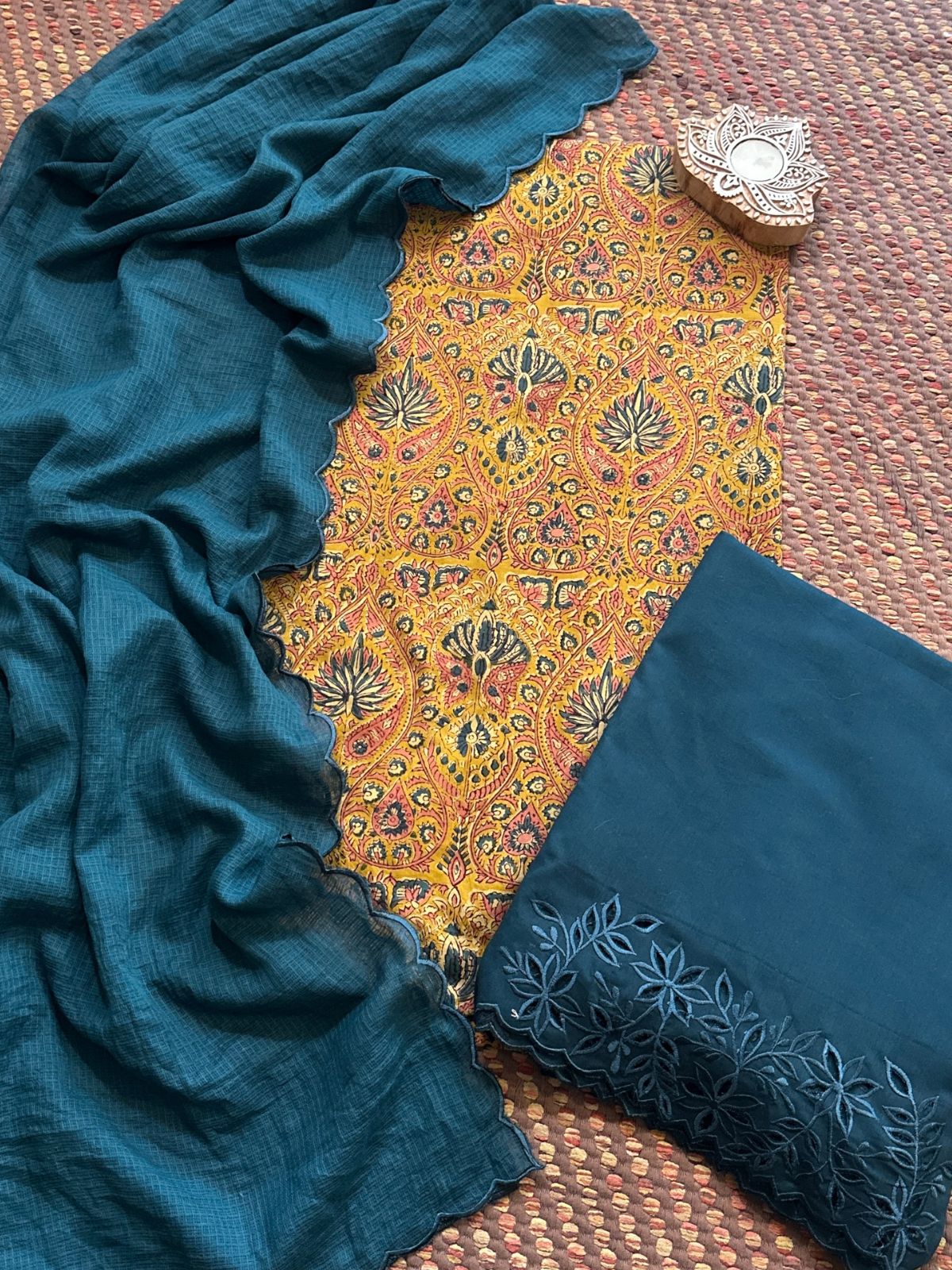 Pure Cotton Malmal Hand-blocked Fabric with Cutwork Bottom & Kota Doria Dupatta