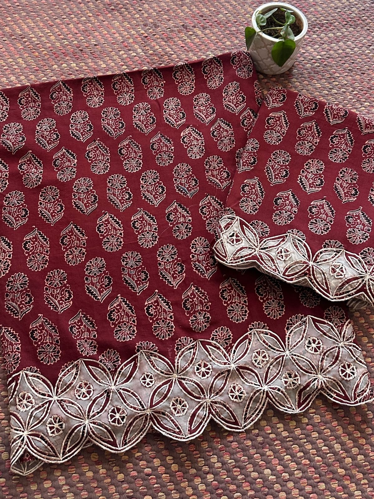 Exclusive Cutwork embroidered Ajrak Cotton Malmal Coord Set