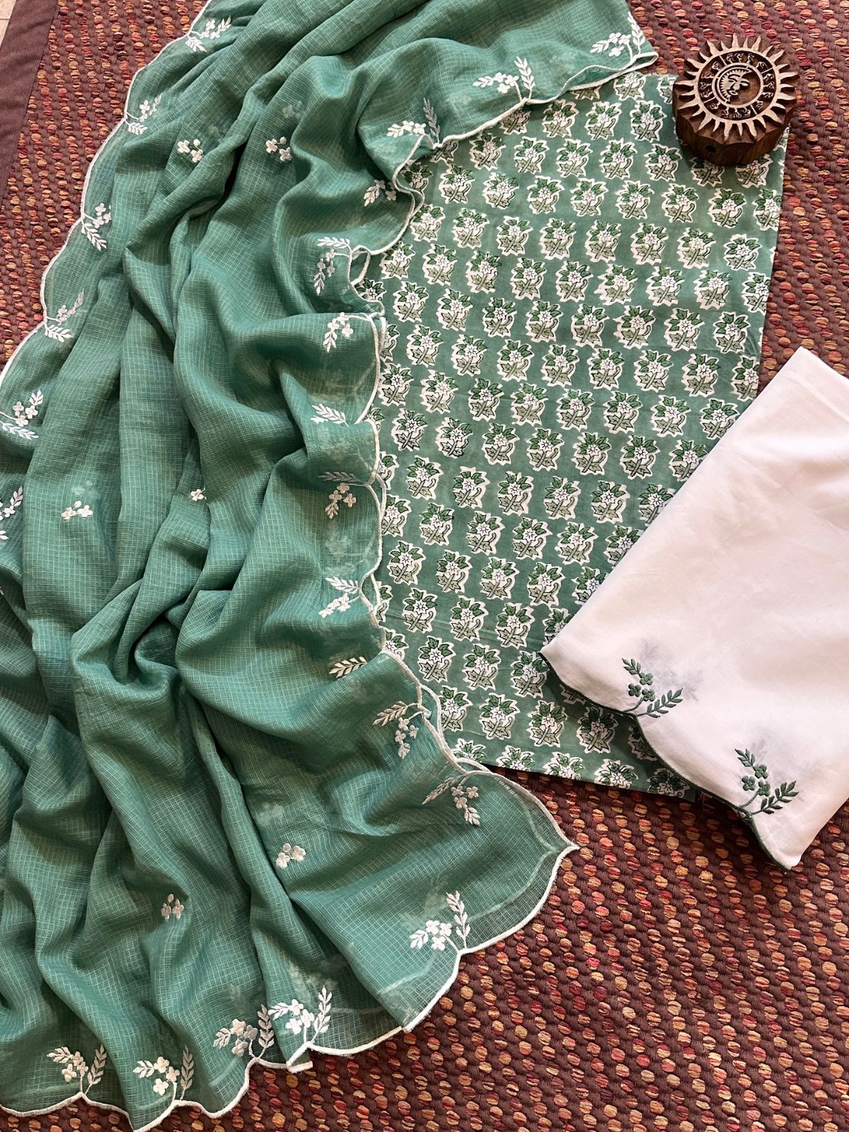 Pure Cotton Hand-block Fabric with Embroidered Bottom & Kota Doria Dupatta