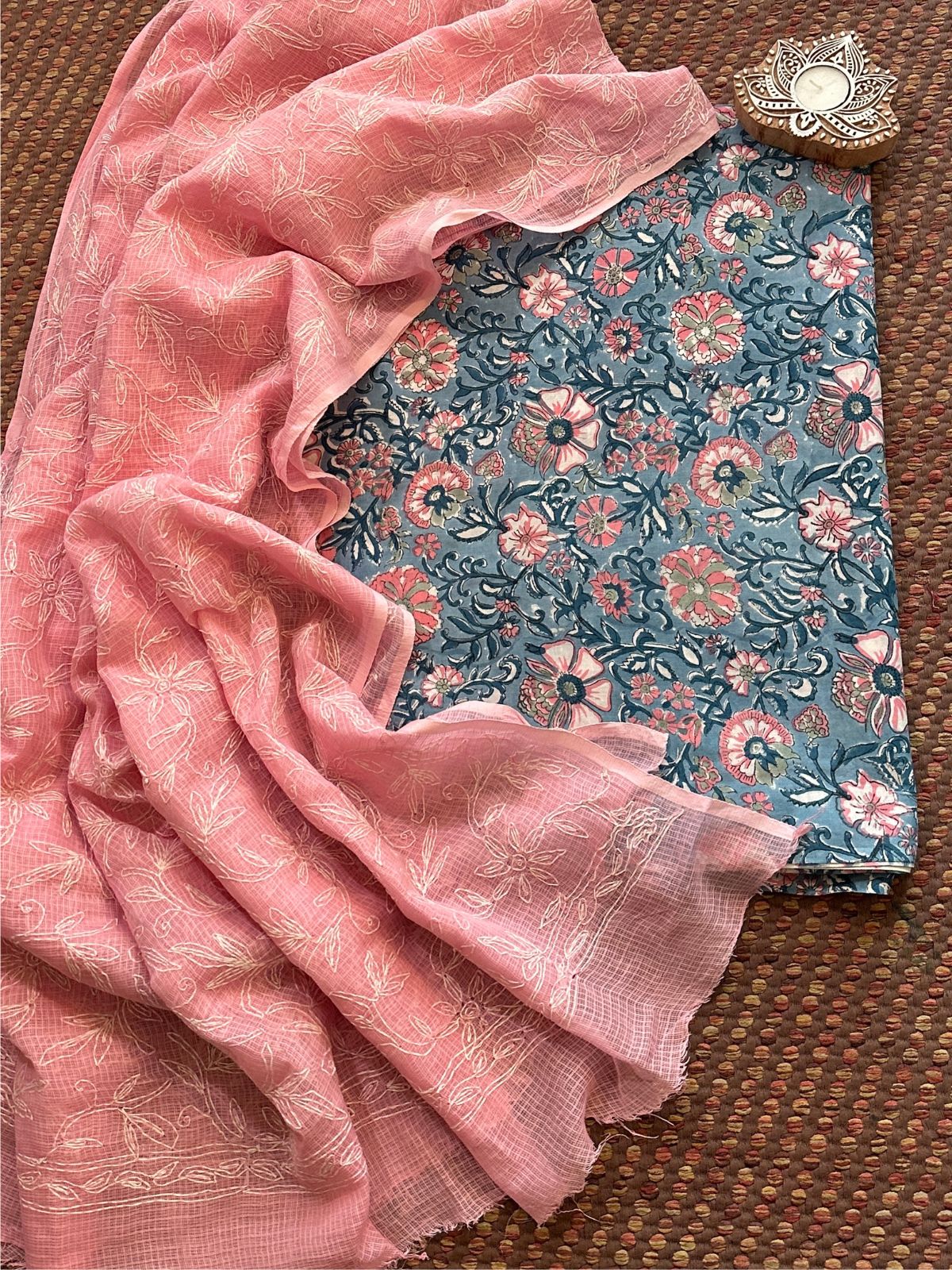 Pure Cotton Hand Blocked Fabric with Chikankari Dupatta