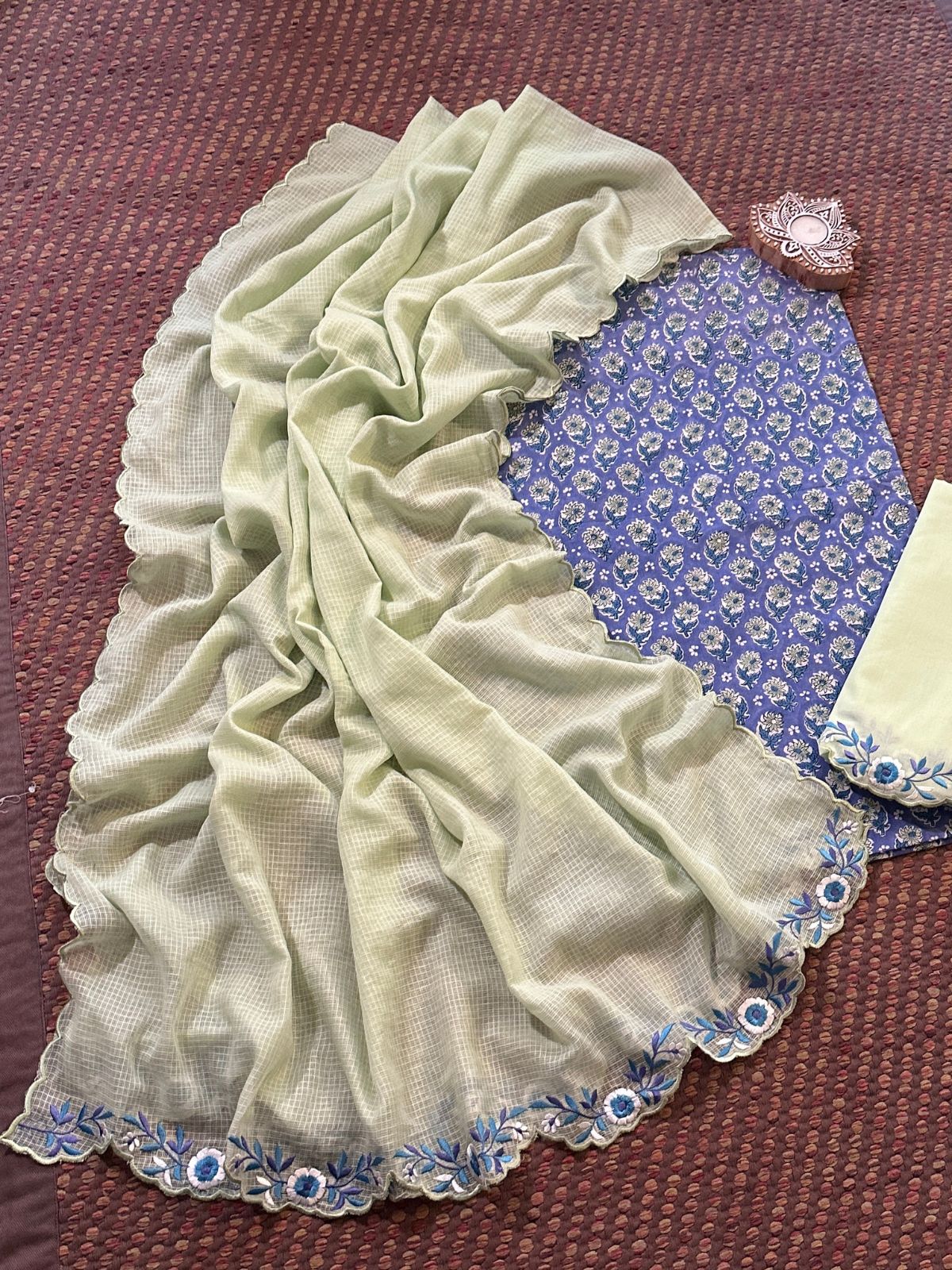 Pure Cotton Hand-block Fabric with Embroidered Bottom & Kota Doria Dupatta