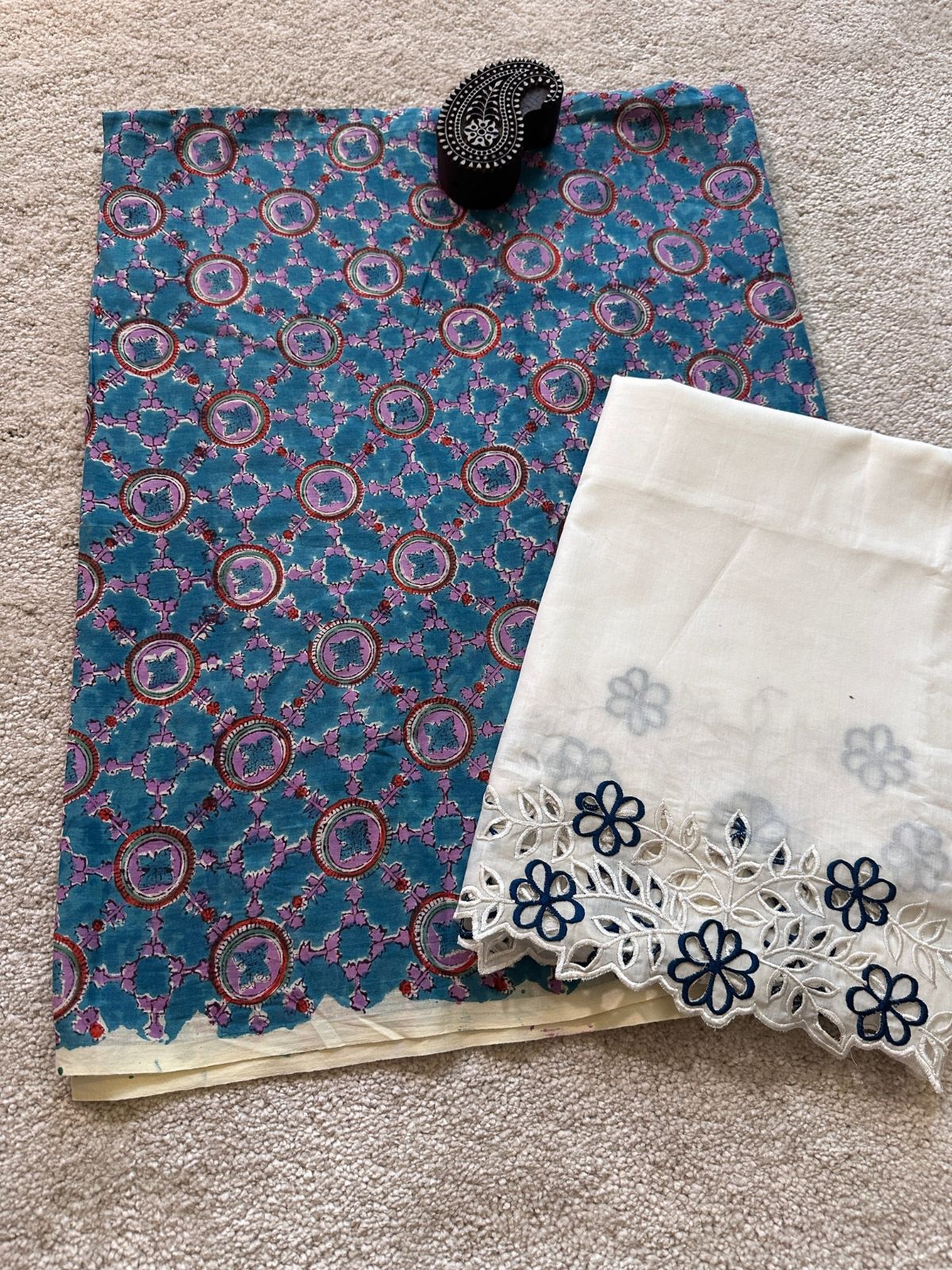 Gulshan Set - Hand blocked Fabric with Cutwork Embroidered Bottom