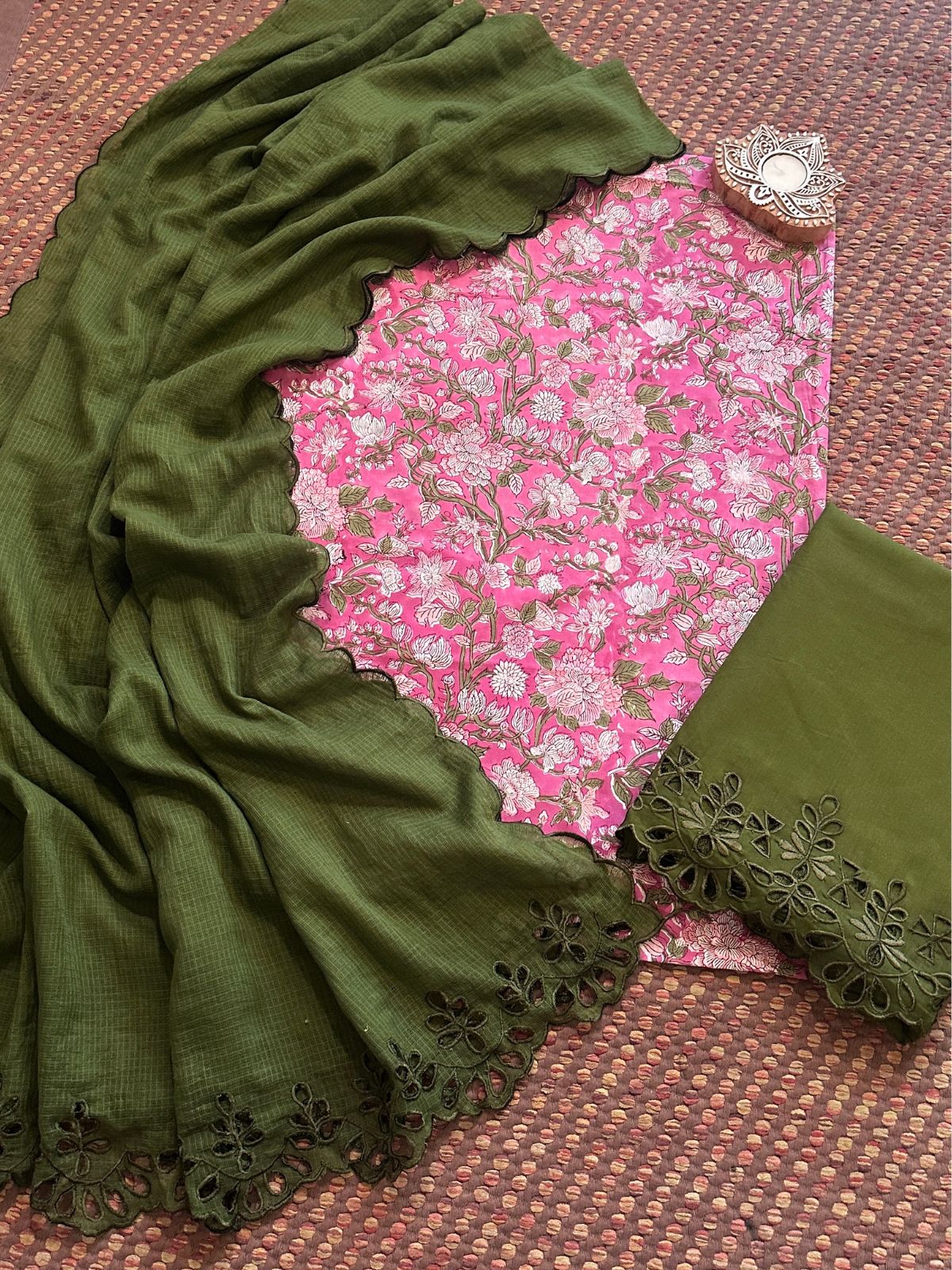 Pure Cotton Hand-blocked Fabric with Cutwork Bottom & Kota Doria Dupatta