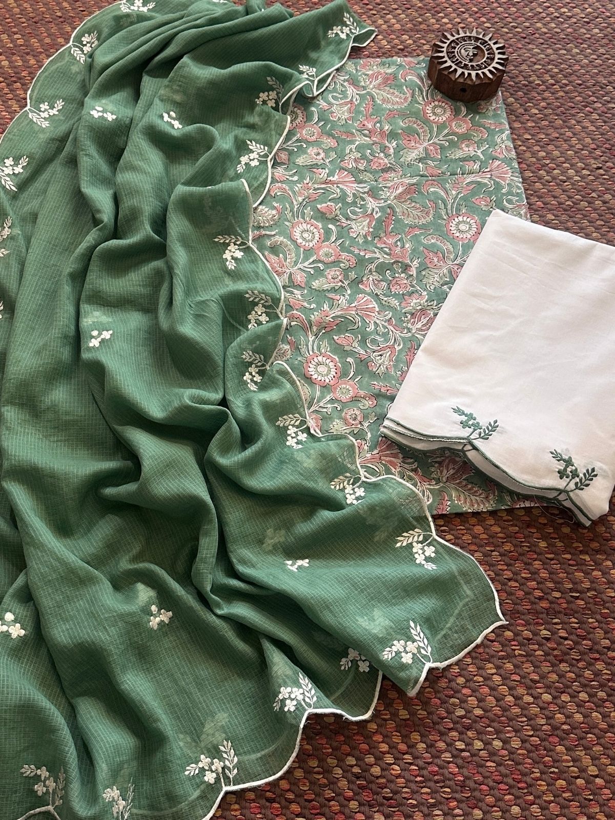Pure Cotton Hand-block Fabric with Embroidered Bottom & Kota Doria Dupatta