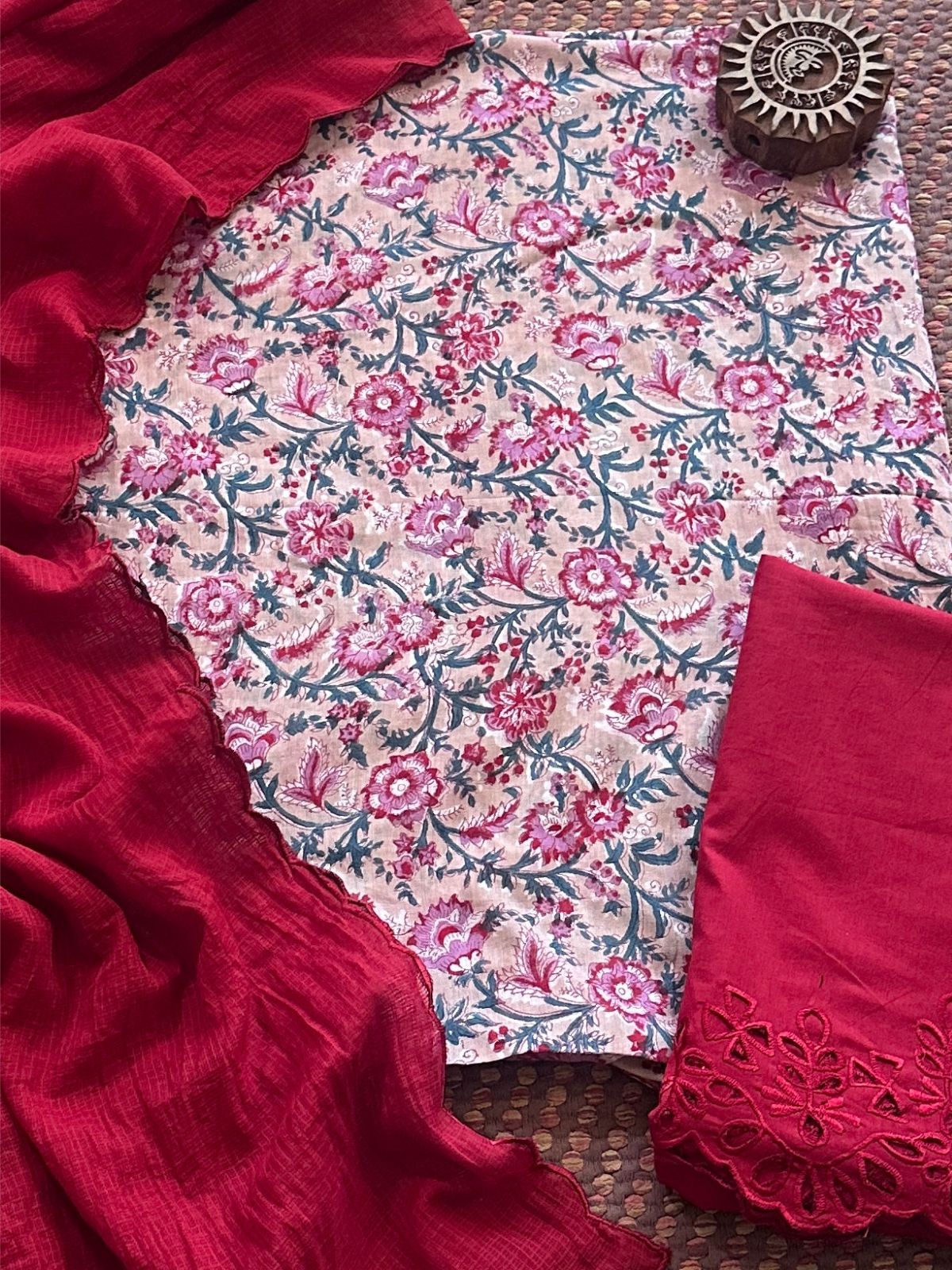 Pure Cotton Voile Hand-blocked Fabric with Cutwork Bottom & Kota Doria Dupatta