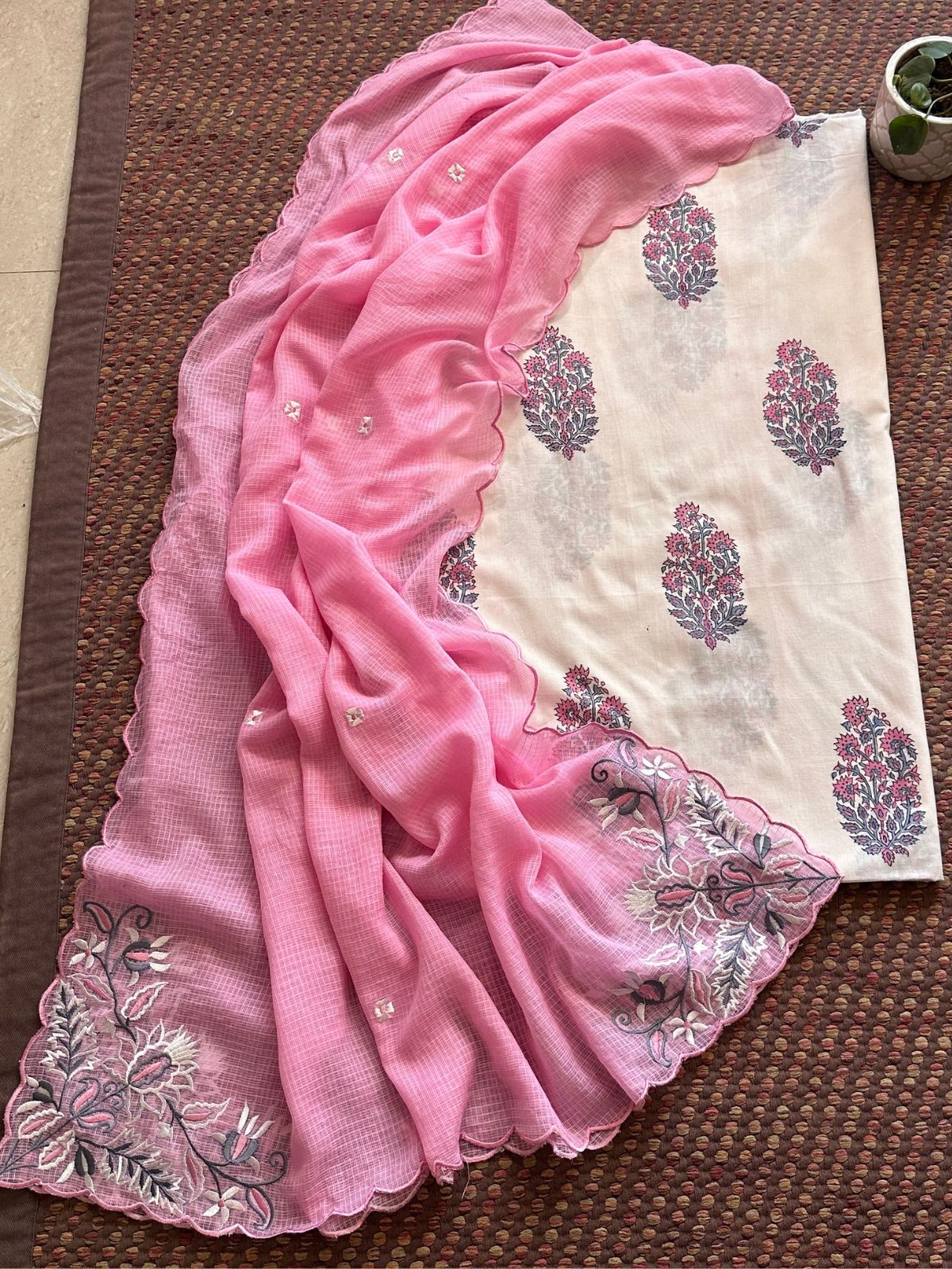 Pure Cotton Handblock Fabric with Embroidered Dupatta