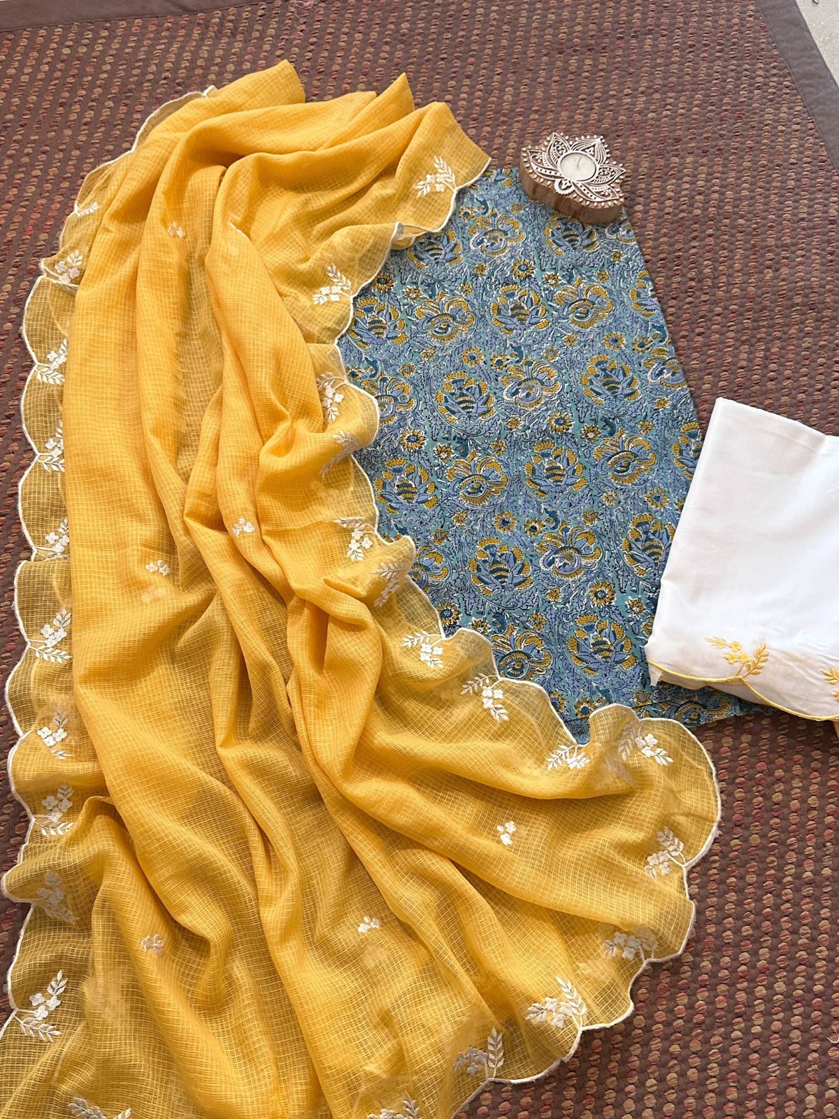 Pure Cotton Malmal Hand-block Fabric with Embroidered Bottom & Kota Doria Dupatta