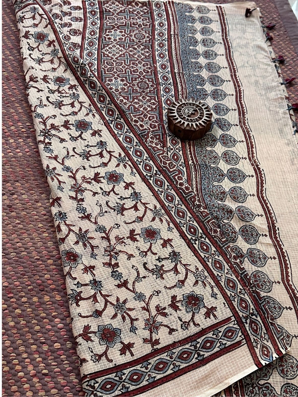 Ajrak Handblocked Kota Doria Embroidered Saree with Blouse Fabric