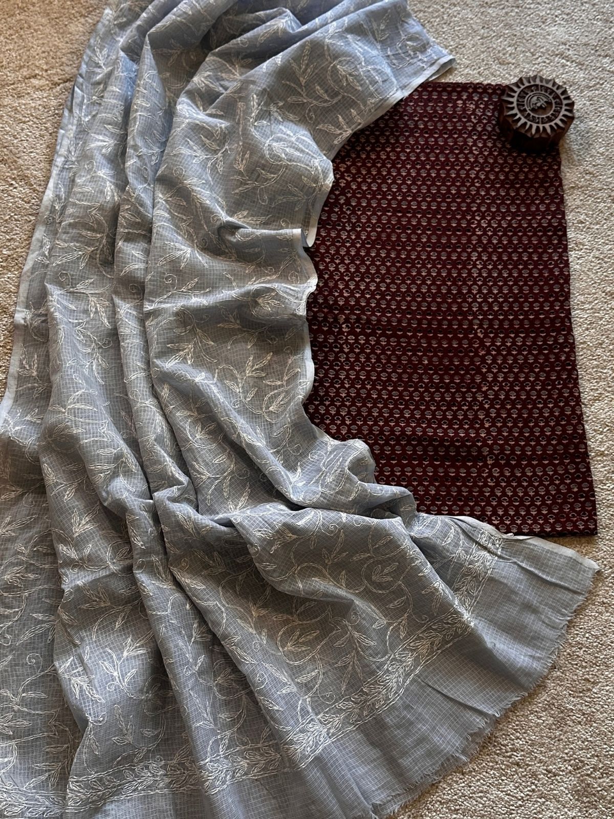Shreya Unstitched Set- Ajrak Fabric with Chikankari Kota Dupatta