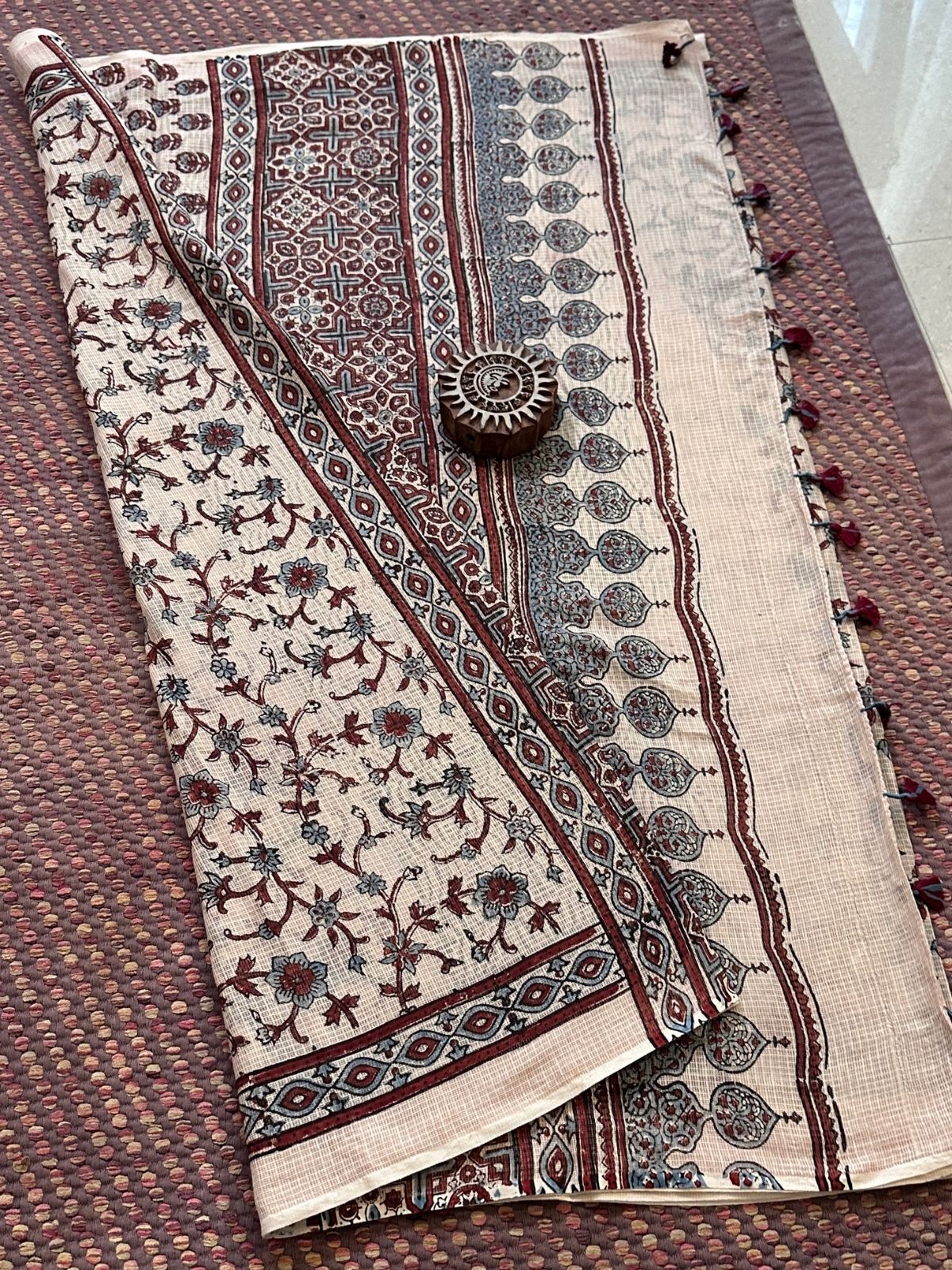Ajrak Handblocked Kota Doria Embroidered Saree with Blouse Fabric