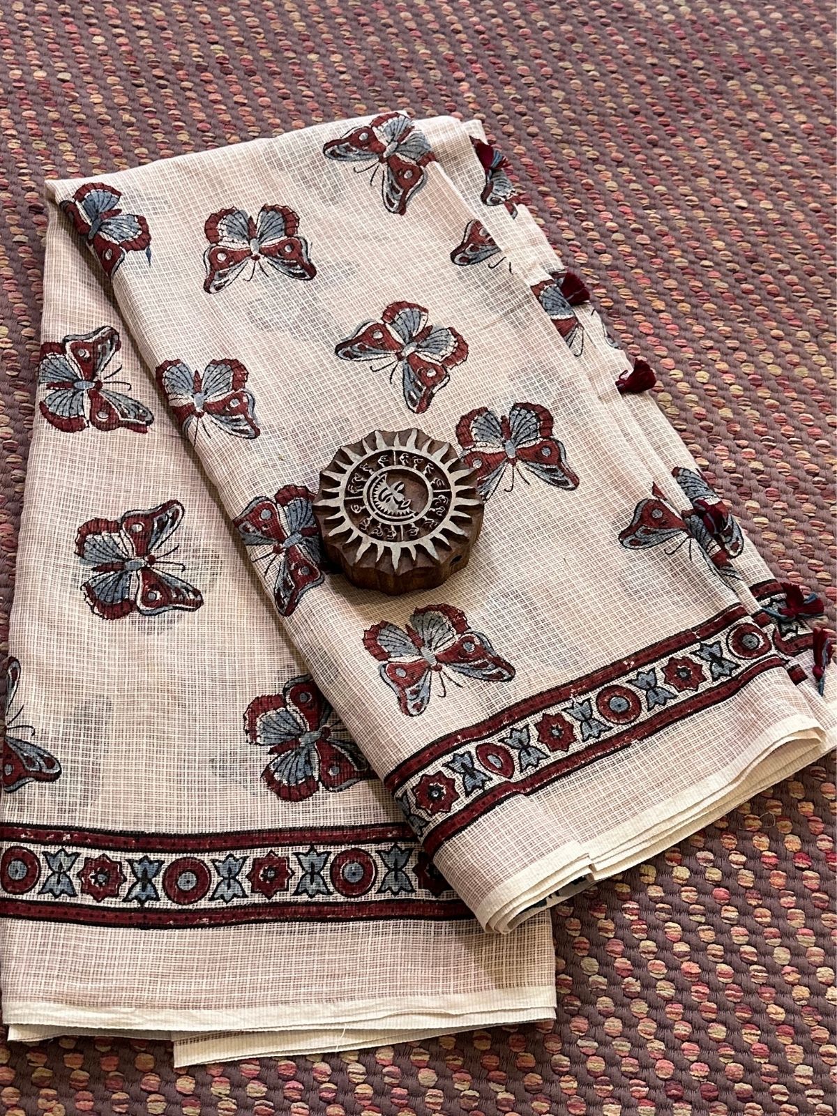 Ajrak Handblocked Kota Doria Embroidered Saree with Blouse Fabric
