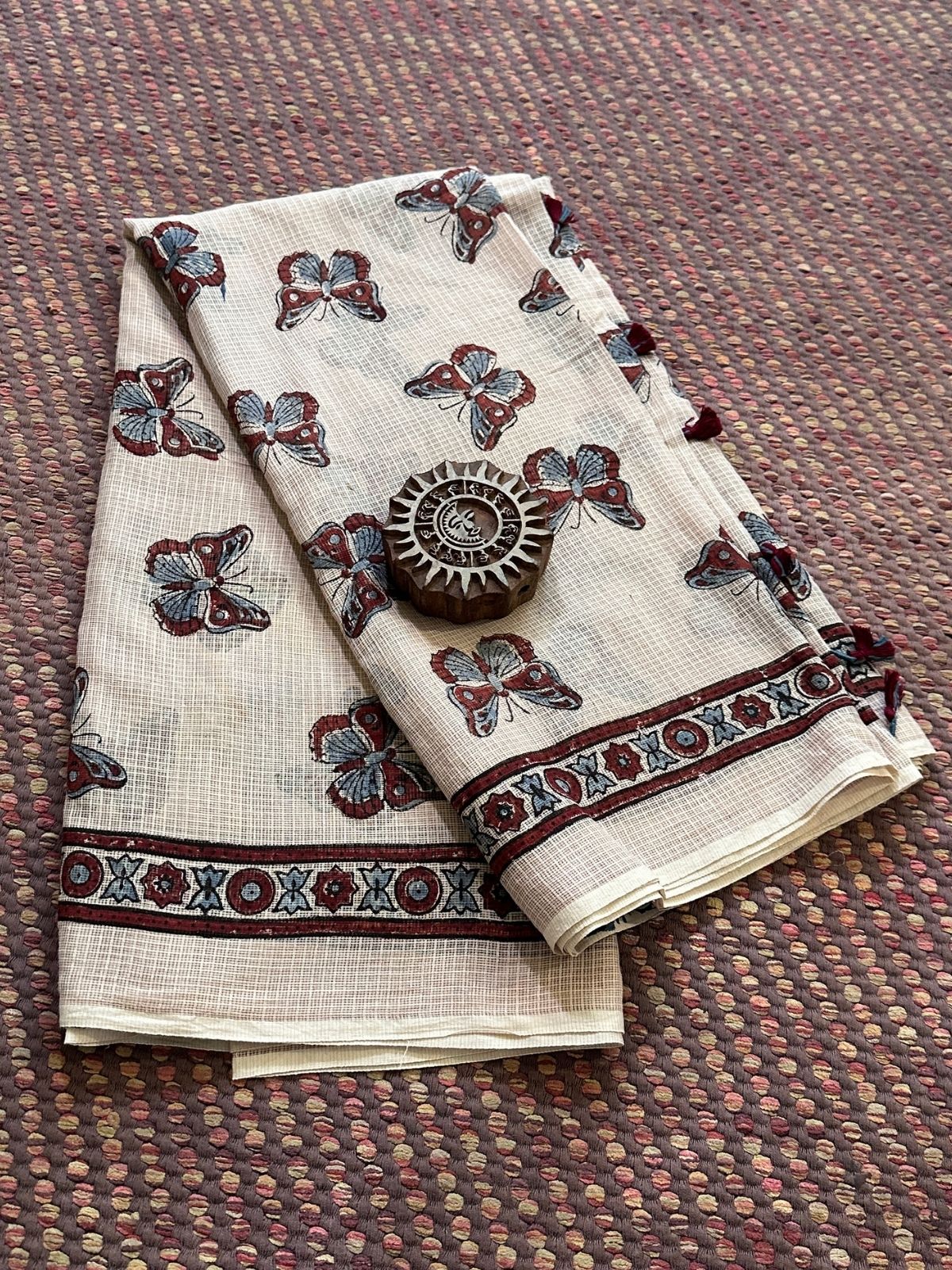 Ajrak Handblocked Kota Doria Embroidered Saree with Blouse Fabric