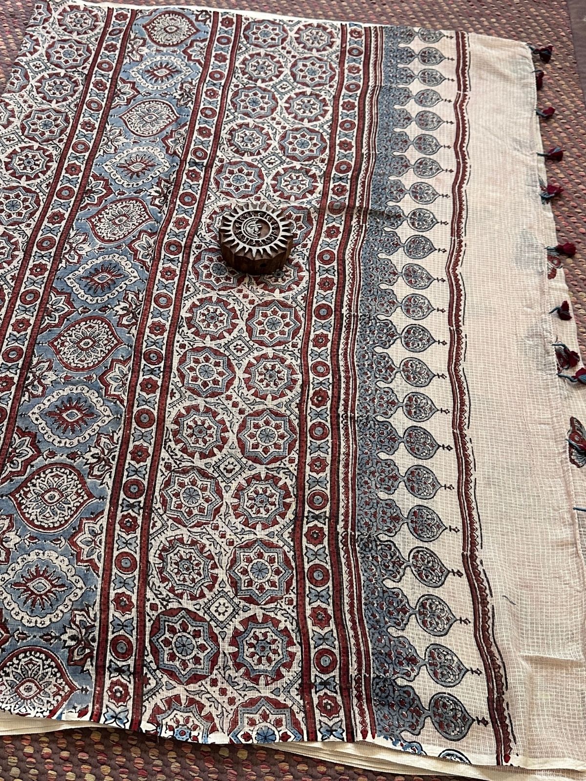 Ajrak Handblocked Kota Doria Embroidered Saree with Blouse Fabric