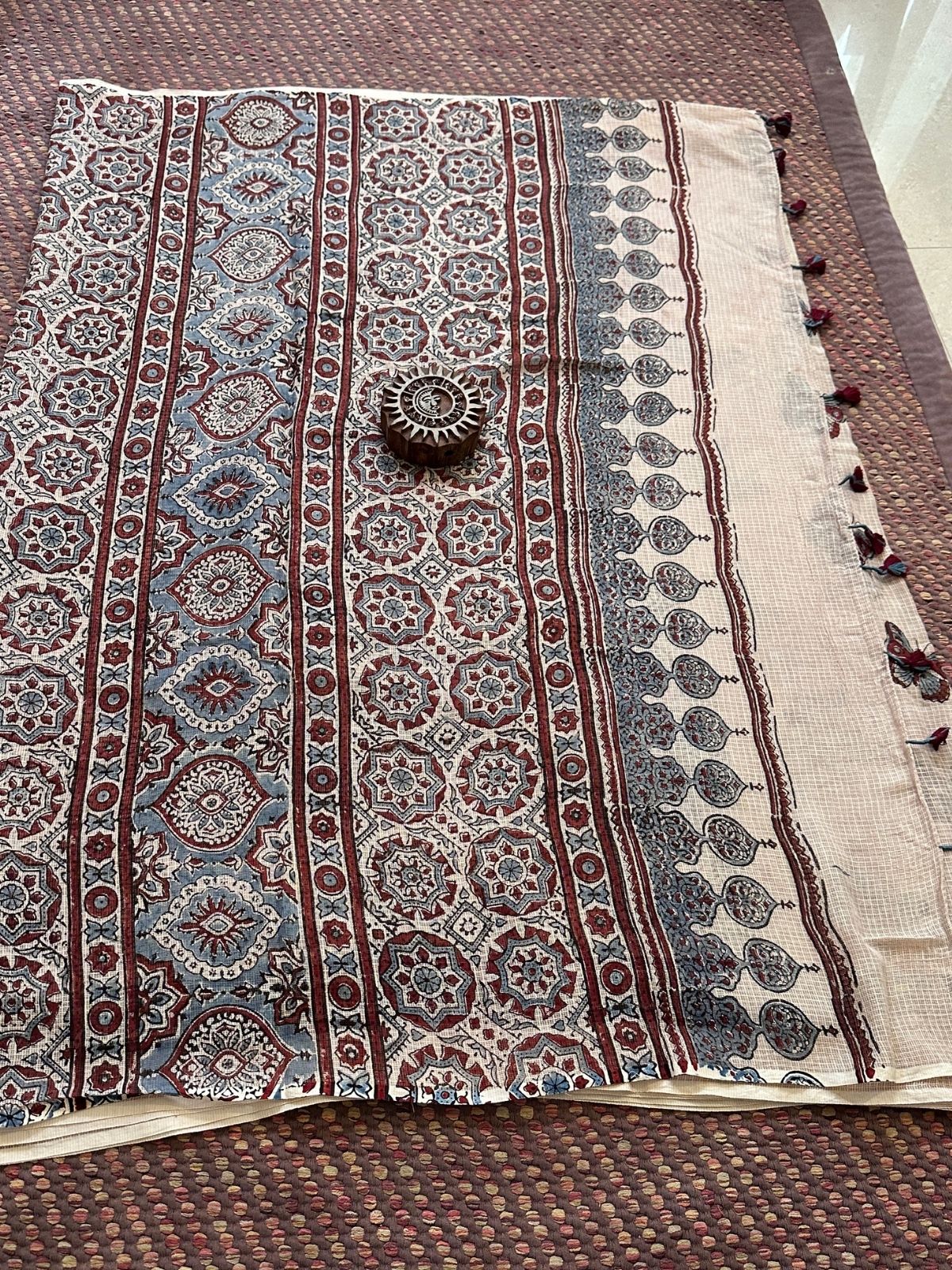 Ajrak Handblocked Kota Doria Embroidered Saree with Blouse Fabric